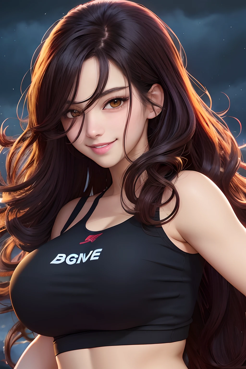 anime, girl, mischievous smile, long hair, dark hair color, stylish hairstyle, side hair long, lush hair, hair does not cover face, long curls of hair pulled to the sides, hair does not cover the forehead, curvy body, sexy girl, beautiful girl, dark character, crop top, lowrider jeans, clarity, detailed, detailed face, very detailed drawing, smile, serious look, scary background, scary saturated background, perfect composition, soft natural volumetric cinematic perfect light, masterpiece
