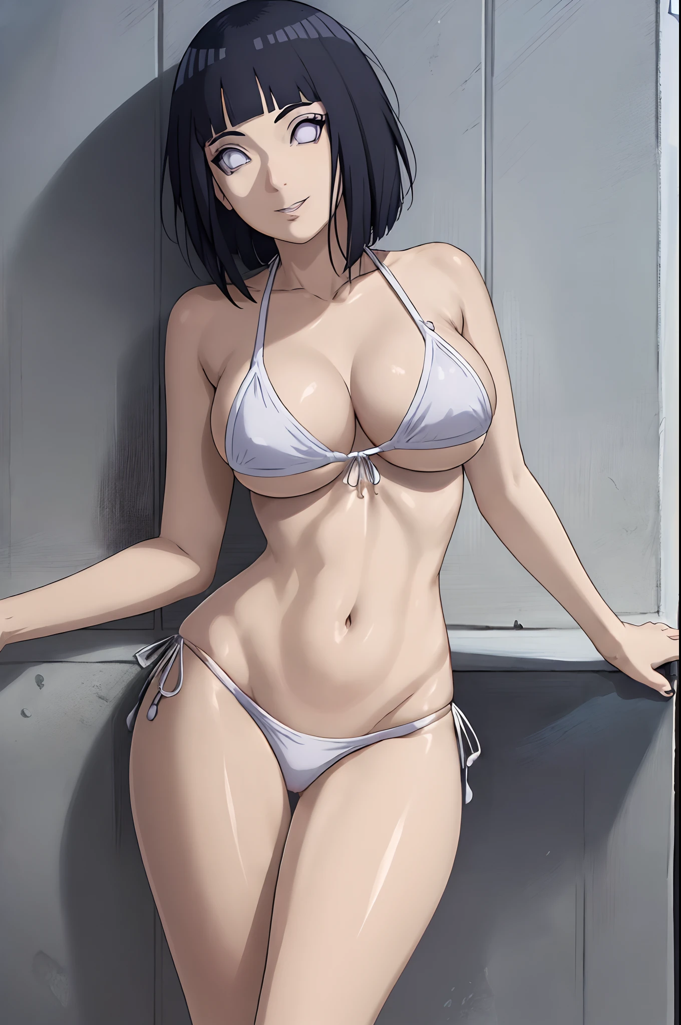 (WALLPAPER, (hinata\(boruto\), (((white string bikini))), masterpiece, 4k, vector coloring, whole body shot, (high color saturation), contrast lighting, mature female, (curvy:0.8), solo, anime style, sharp focus, professional artwork, intricate details, colorful, vibrant colors, vivid colors, digital blending, ultra detailed body, ultra detail hair, ultra detail face, ultra detailed hands, trending on pixiv, very hot colors, (((beach background, outdoors))), detailed bold arm lines, high color saturation, bold lines, bold drawing lines),
(((hand lean against wall)), (head tilt), big mouth, big smile),
((dark blue hair color:1.1), wavy hair, ((short hair, hime cut)),
(perfect eyes, white sciera, bright eyes, white eyes, anime eyes, smoky eyeliner, eyeshadow)
(white skin, (fair skin), slender body, milf, perfect face),
(legs, big breasts, off-shoulders, (detailed shoulders, detailed arm lines)),
(bare shoulders, bare legs,