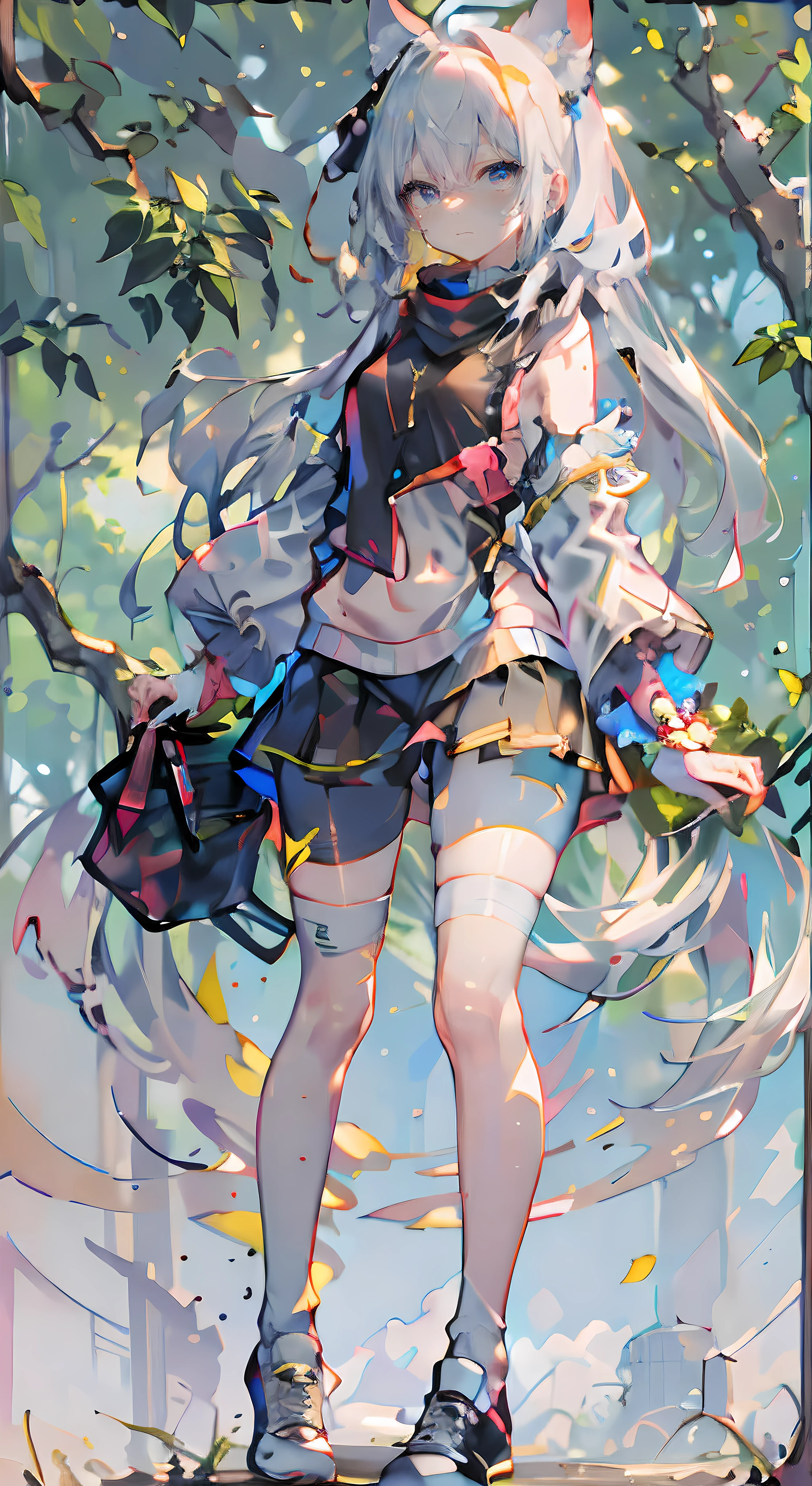 An extremely delicate and beautiful girl,8k wallpaper,tmasterpiece,电影灯光,best qualtiy,illustratio,detailed face portrayal,Dramatic angles,1girll,独奏,the fruits,nakeness,coda,whaite hair,food,shoe,Sleeve over wrist,eBlue eyes,standing on your feet,sockes,bandaid on leg,Adhesive bandage,围巾,Finger covers,Take it,longer sleeves,Animal ear,A plant,leafs,Black socks,white shoe,athletic sneakers,full bodyesbian,The tree,signatures,Medium hair,white backgrounid,Red scarf, Long hair, Gray eye, Gray Shoes, a skirt, a black skirt, looking at viewert, Sweaters, tree branch, By bangs, shorter pants, Black shoes, grassy fields, Black shorts, Bandages on the knees, titles,