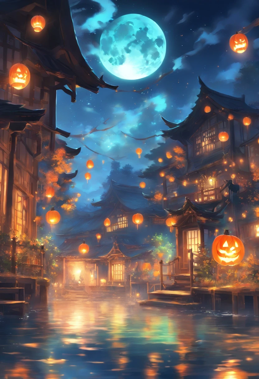 Halloween Floating Lights, Cinematic light and reflection, glowing lights, Intermediate metaverse elements,Digital Painting, Glowing reflections, pondering, Floating Lantern, calm night, Digital Illustration, Beautiful atmosphere, Skylight at night, Calm evening atmosphere, Floating Lantern, Halloween, the night, themoon, The game scene, Halloween, Surrounded by clouds, Otoko's Hall々and, glazed tiles, Europe, gorgeous colors, There are three arches in the foreground((color ink)), ( (Splash ink ) ), ((Splash ink) inky})), tmasterpiece, high quarity, Beautiful graphics, high detal