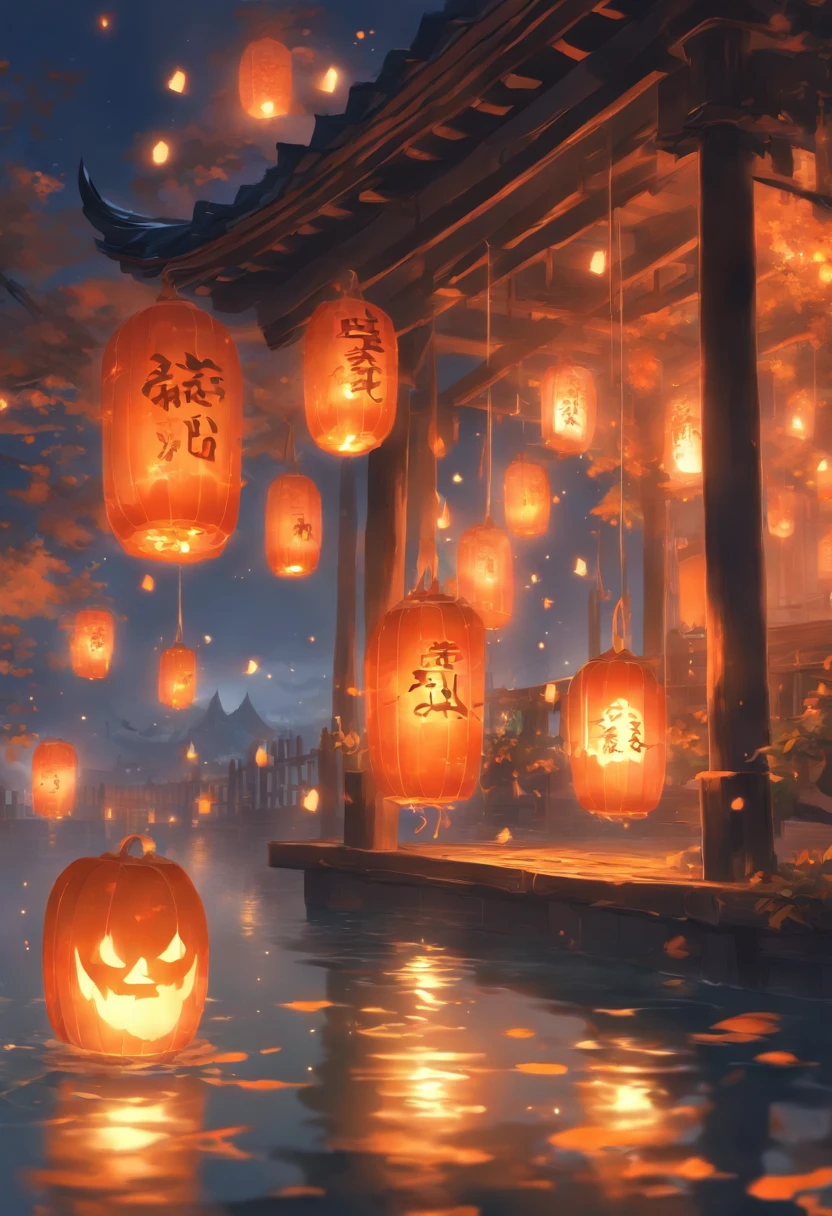 Halloween Floating Lights, Cinematic light and reflection, glowing lights, Intermediate metaverse elements，Digital Painting, Glowing reflections, pondering, Floating Lantern, calm night, Digital Illustration, Beautiful atmosphere, Skylight at night, Calm evening atmosphere, Floating Lantern, Halloween, the night, themoon, The game scene, Halloween, Surrounded by clouds, Otoko's Hall々and, glazed tiles, Europe, gorgeous colors, There are three arches in the foreground((color ink)), ( (Splash ink ) ),  ((Splash ink) inky})), tmasterpiece, high quarity, Beautiful graphics, high detal