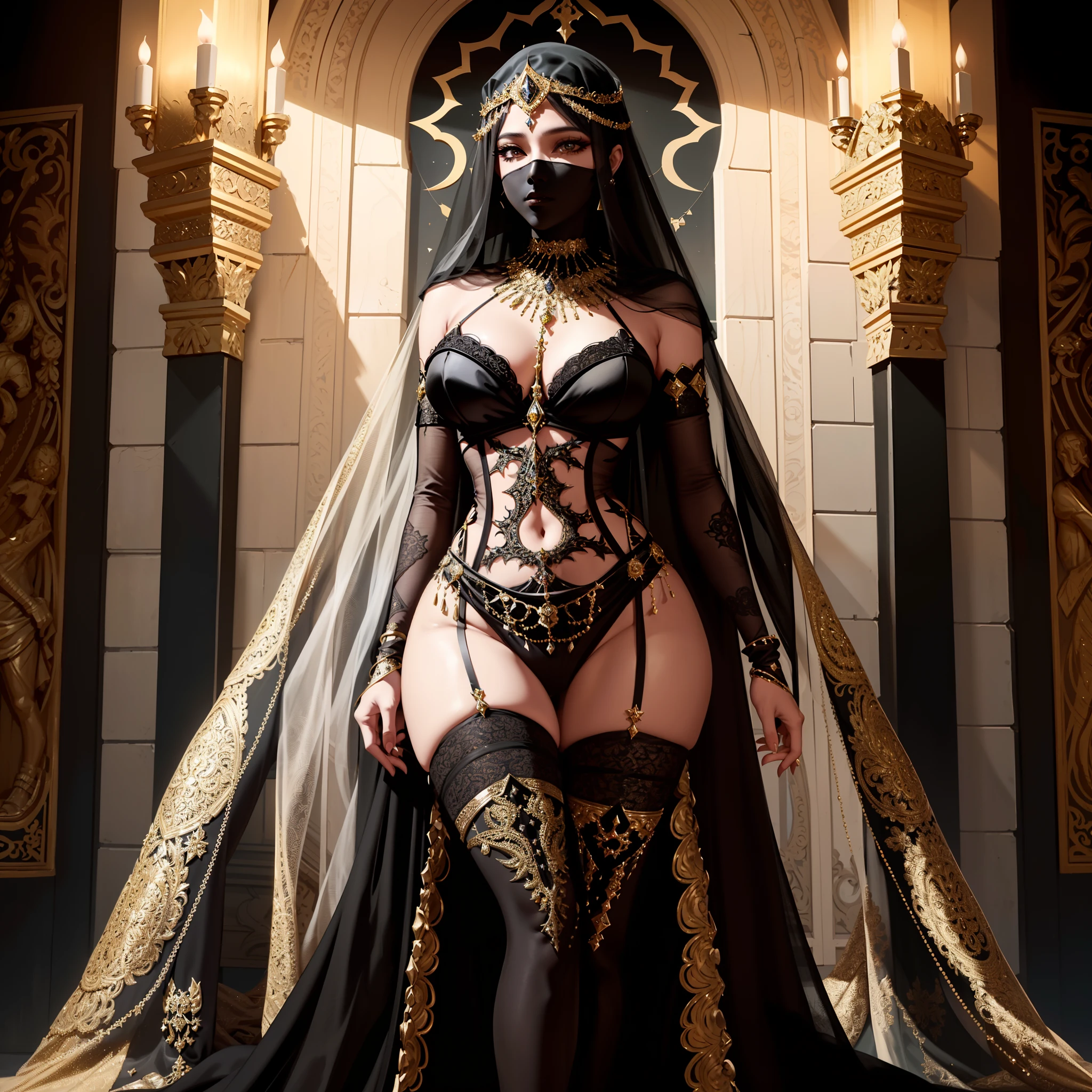 araffe dressed in a black and gold costume and veil, ornate cosplay, arabian princess, inspired by Hedi Xandt, a beautiful fantasy empress, intricate outfit, ((a beautiful fantasy empress)), full body cgsociety, intricate wlop, cinematic goddess body shot, 3 d render character art 8 k, robe. extremely high details