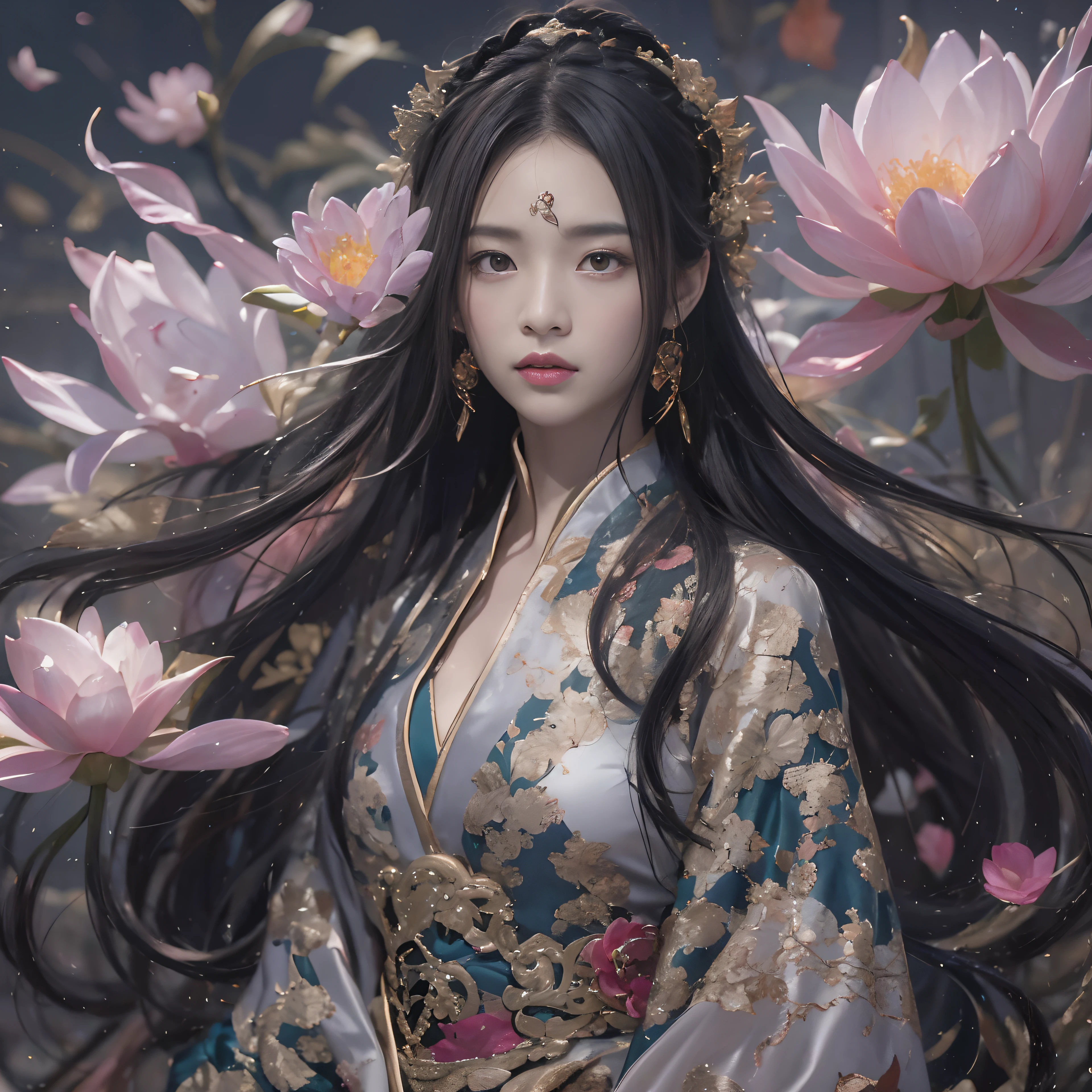 32K（tmasterpiece，k hd，hyper HD，32K）Long flowing black hair，ponds，zydink， a color， Aozhou people （Concubine girl）， （Silk scarf）， Combat posture， looking at the ground， long whitr hair， Floating hair， Carp pattern headdress， Chinese long-sleeved clothing， （abstract ink splash：1.2）， Pink petal background，Pink and white lotus flowers fly（realisticlying：1.4），Black color hair，Fallen leaves flutter，The background is pure， A high resolution， the detail， RAW photogr， Sharp Re， Nikon D850 Film Stock Photo by Jefferies Lee 4 Kodak Portra 400 Camera F1.6 shots, Rich colors, ultra-realistic vivid textures, Dramatic lighting, Unreal Engine Art Station Trend, cinestir 800，Long flowing black hair，Denim skirt