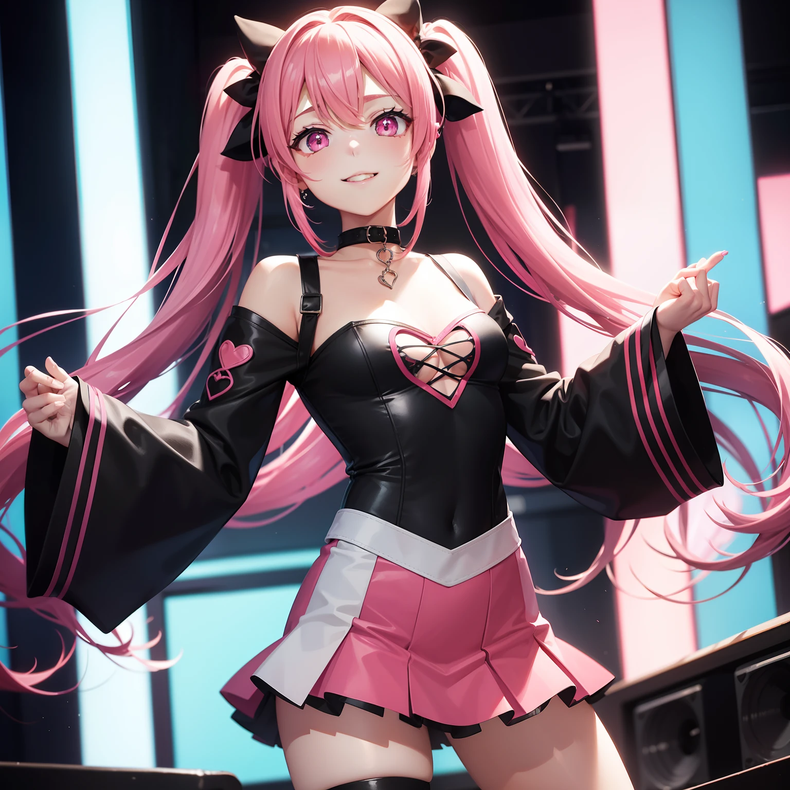 ((8k, RAW photos, best image quality, masterpiece,:1.2)), (realistic, photorealistic: 1.3),(depth of field: 1.2),18 years old beautiful Japan girl, dynamic angle,(1 person:1.3),1 girl,solo,sci-fi,futuristic idol, colorful and high-tech idol dress, glowing neon light idol dress, holographic clothing, reflective dress, Techwear, volumetric lighting, glowing eyes, multicolored hair, flowing hair, (gradient neon color: 1.5), flash, real skin, HDR, fisheye, all-out smile, headset microphone, cat ear gaming headphones, neon lights, neon rim lights, glowing neon on stage, laser beam on stage, psyllium, spotlights, cowboy shots, moody lighting, concert venue, (packed arena seat background: 1.5), (smiling and singing with microphone on stage: 1.5),intricate details,cyberpunk,(exploding pixel particles:1.2),cinematic lighting,dynamic lighting