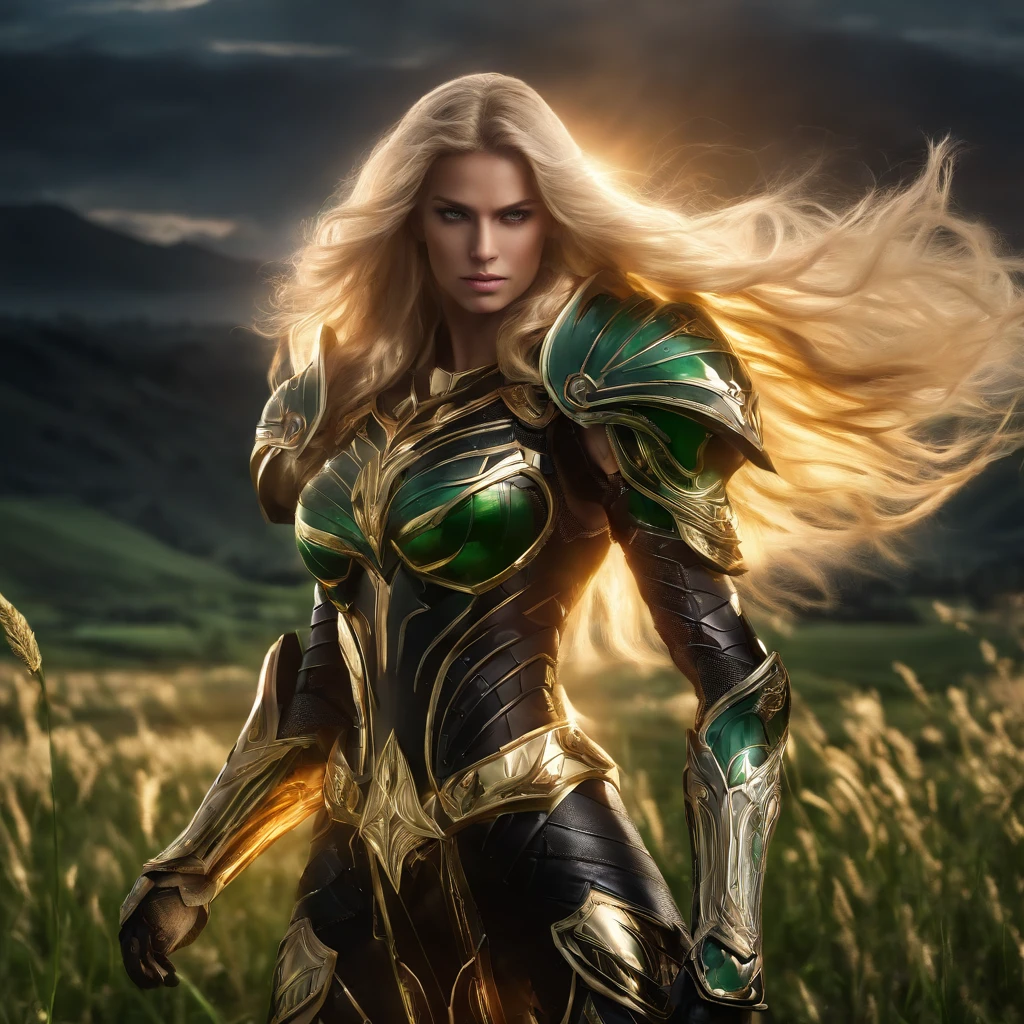 (1girl), wearing a heavy knight armor, dark armor, intricate black and gold armor details, intricate beautiful green fields, legendary, futuristic, saint seiya, long blonde hair, muscular, power pose, highly detailed background, fire in the eyes, aura power, highly detailed