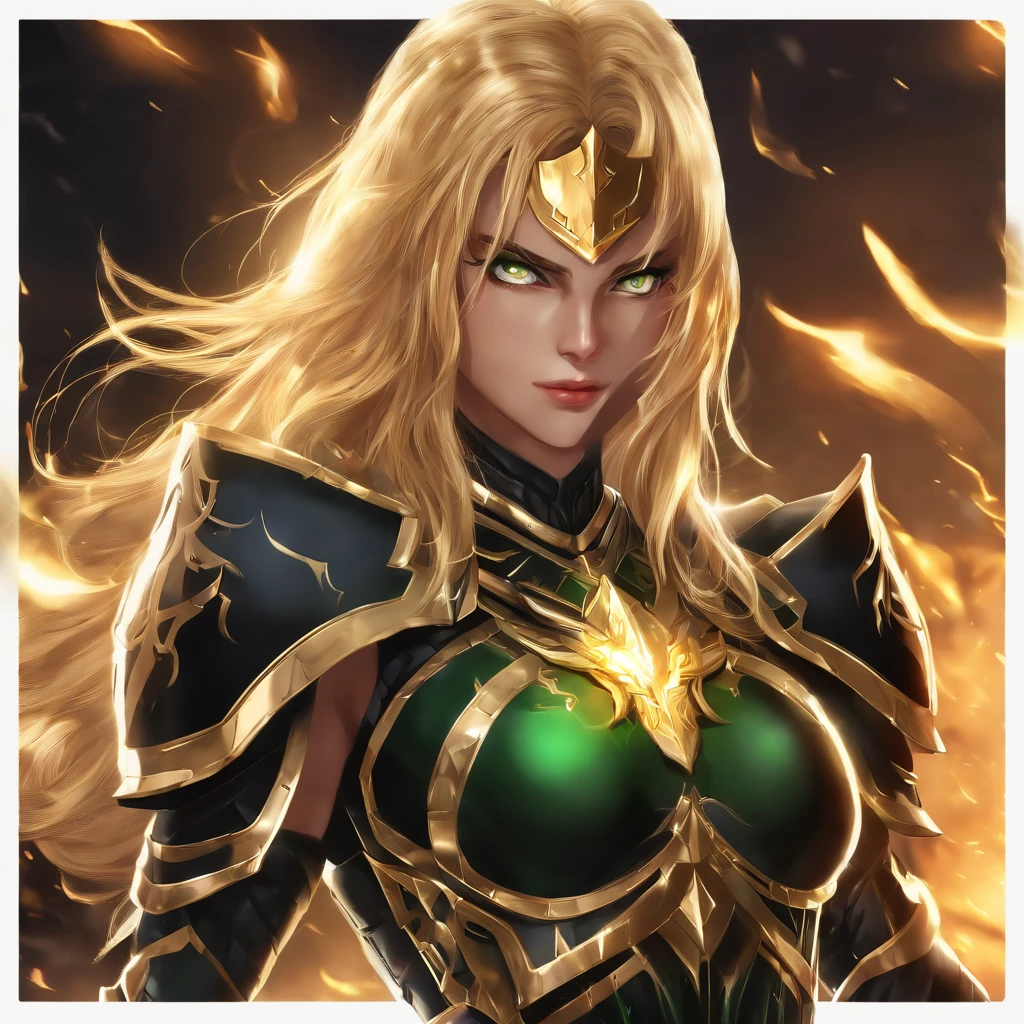 (1girl), wearing a heavy knight armor, dark armor, intricate black and gold armor details, intricate beautiful green fields, legendary, futuristic, saint seiya, long blonde hair, muscular, power pose, highly detailed background, fire in the eyes, aura power, highly detailed