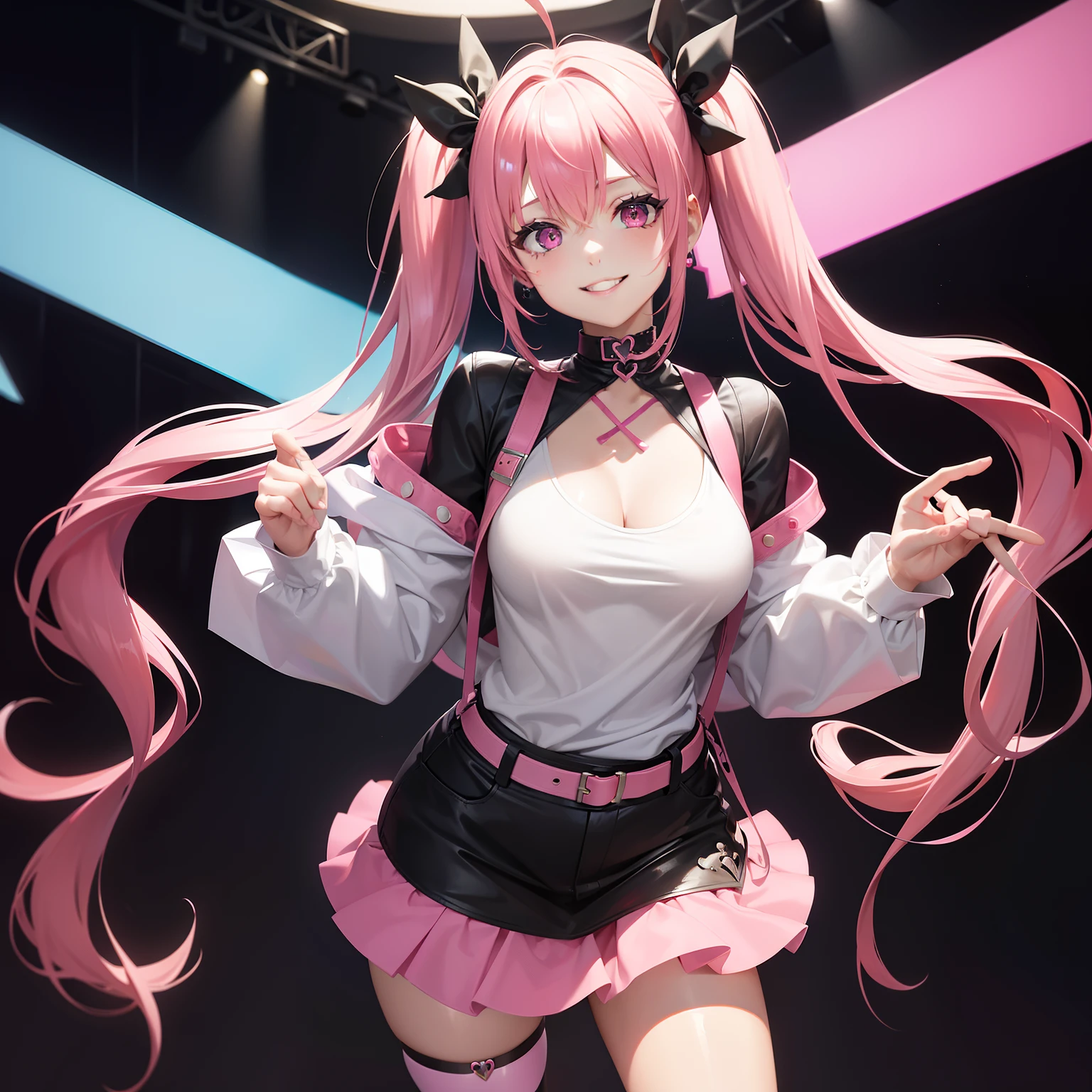 NSFW、(8k), (highest quality), Black and pink hair、Twin tails、Pink Shirt、Black Skirt、pussy、Ecstatic expression