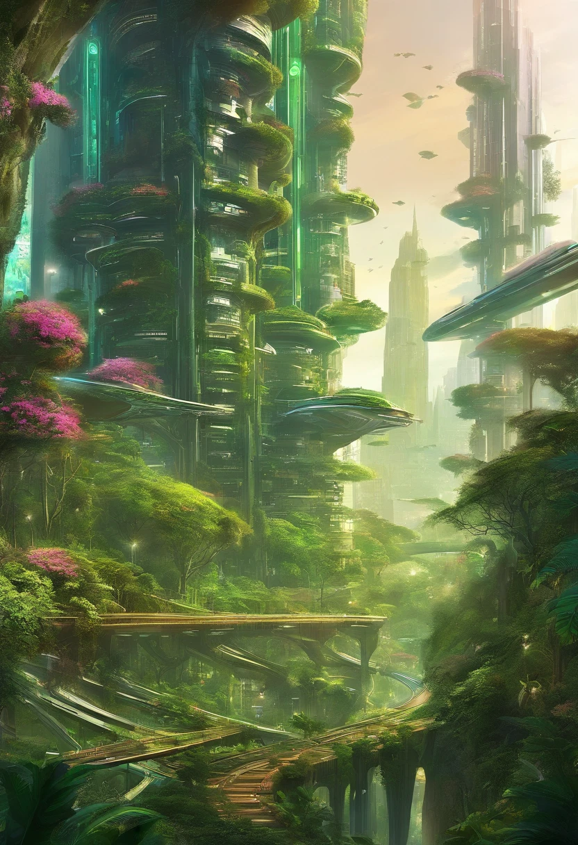 An intricate digital painting depicting a futuristic city nestled in a lush, bio-engineered forest. The city seamlessly integrates with nature, featuring vertical gardens, cascading waterfalls, and floating walkways, creating a harmonious coexistence between technology and the environment.