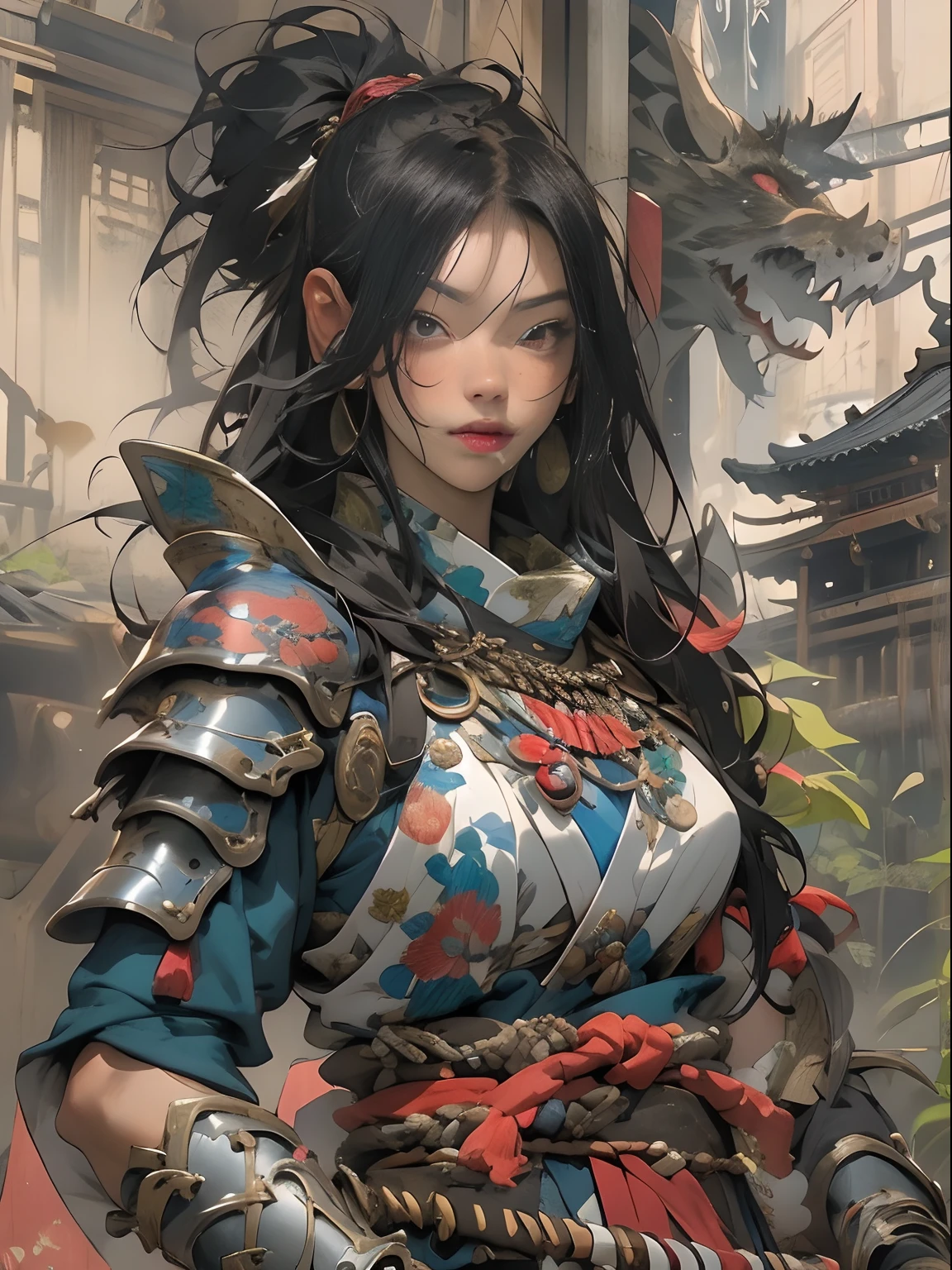 (((woman))), (((best qualityer))), (((tmasterpiece))), (((AS-Adult))), ((( Japanese ))), Look up from your knees, A beautiful asian samurai woman with perfect body, Modern samurai, ((( Asian))), Wear gloves on your hands,The left arm is made of steel and metal tips,Made of protective devices, The eyes are pulled, (( Appears below the breast )), (( Small dental floss )), Simon Bisley, Almost naked(Simon Bisley)Castle City Wilderness,For high-resolution posters, hair straight, Minimum clothing, armure (Crazy clothes ), Full of tips and rivets, tribal tattoos, (((full bodyesbian))), Straight brunette hair,Colored hair ends