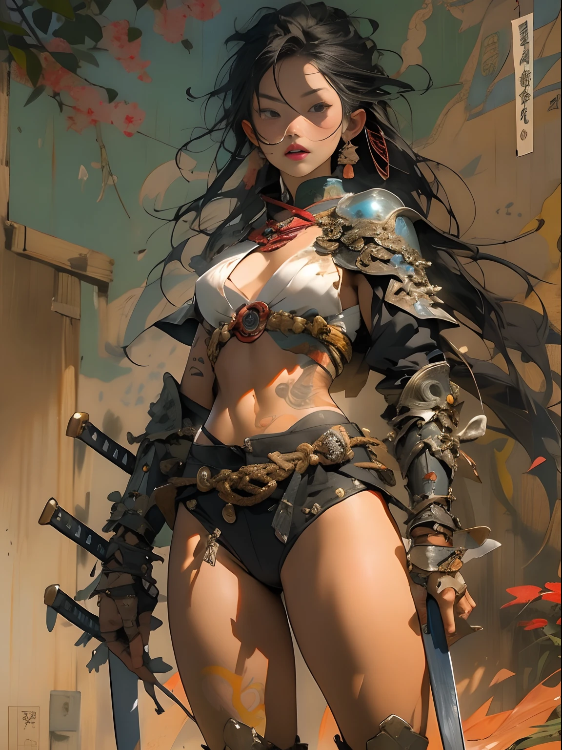 (((woman))), (((best qualityer))), (((tmasterpiece))), (((AS-Adult))), ((( Japanese ))), Look up from your knees, A beautiful asian samurai woman with perfect body, Modern samurai, ((( Asian))), Wear gloves on your hands,The left arm is made of steel and metal tips,Made of protective devices, The eyes are pulled, (( Appears below the breast )), (( Small dental floss )), Simon Bisley, Almost naked(Simon Bisley)Castle City Wilderness,For high-resolution posters, hair straight, Minimum clothing, armure (Crazy clothes ), Full of tips and rivets, tribal tattoos, (((full bodyesbian))), Straight brunette hair,Colored hair ends