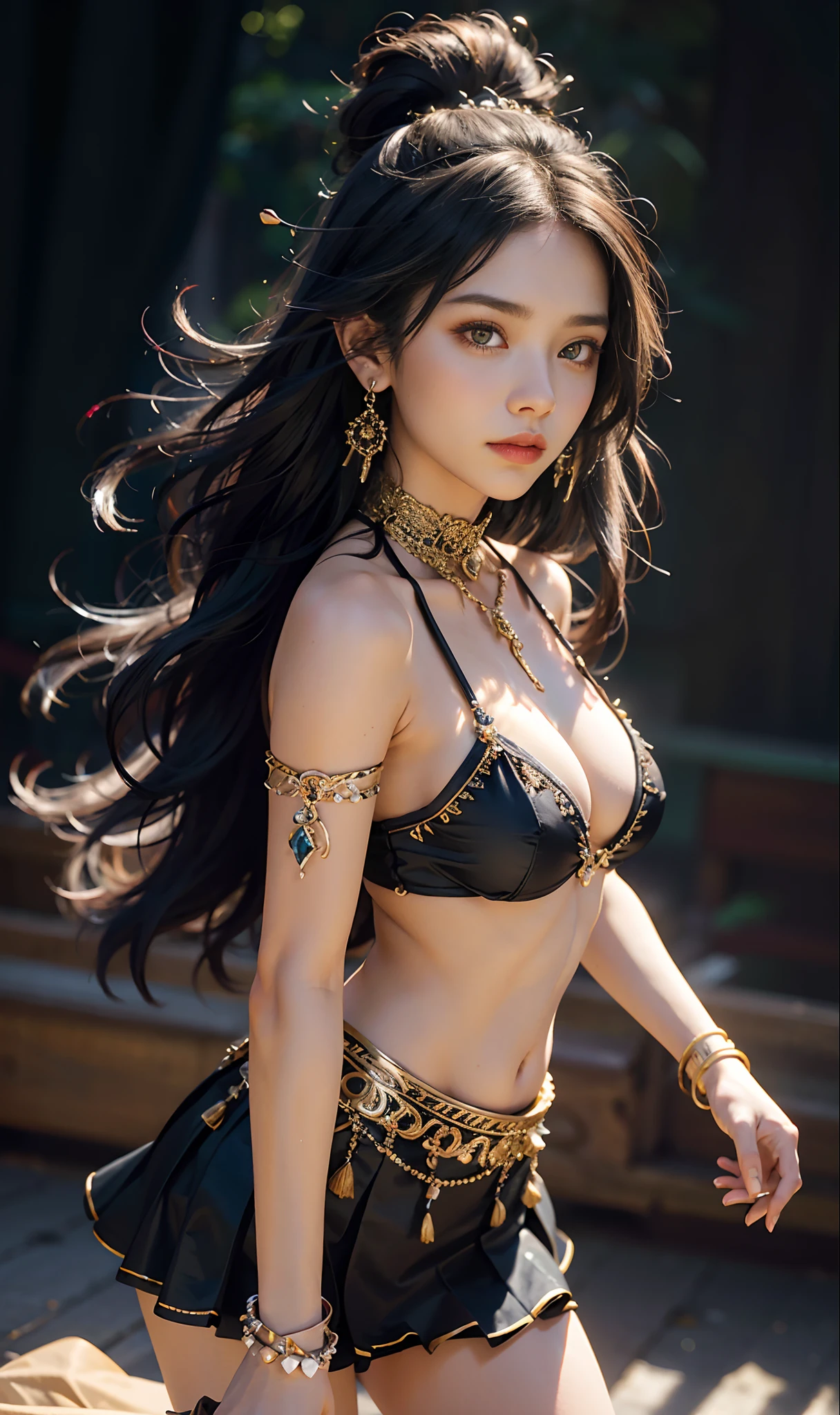(A desert:1 girl with black hair,Western Region Dancer,Dance), tmasterpiece, best qualtiy, RAW photogr, realisticlying, the face, Incredibly Ridiculous res,, ear studs, (flowing long black hair),eye shadows,Bracelet,head chain,Collar,foot ring,Western-style bikini clothing,nipple tassels,Tulle skirt,The barefoot,depth of fields, A high resolution, ultra - detailed, filigree, RAWE is very detailed, very detailed eyes and faces, Sharp pupils, realistic pupil, tack sharp focus, cinmatic lighting,full bodyesbian,Bigboobs,long leges,From the front side,banquet,dynamicposes,Normal posture,closeup of face