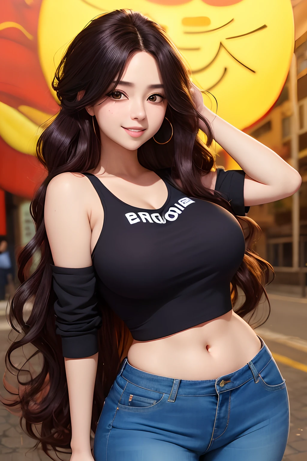 Anime, girl, Mischievous smile, Long hair, Dark hair color, Stylish hairstyle, Side hair long, lush hair, Hair does not cover the face, long curls of hair pulled to the side,, Hair does not cover the forehead, curvy body, Sexy Girl, Beautiful Girl, Dark character, croptop, Lowrider jeans, Clarity, Detailed, Detailed face, very detailed drawing, Smile, Serious look, Scary background, Scary saturated background, Perfect composition, soft natural volumetric cinematic perfect light, masutepiece