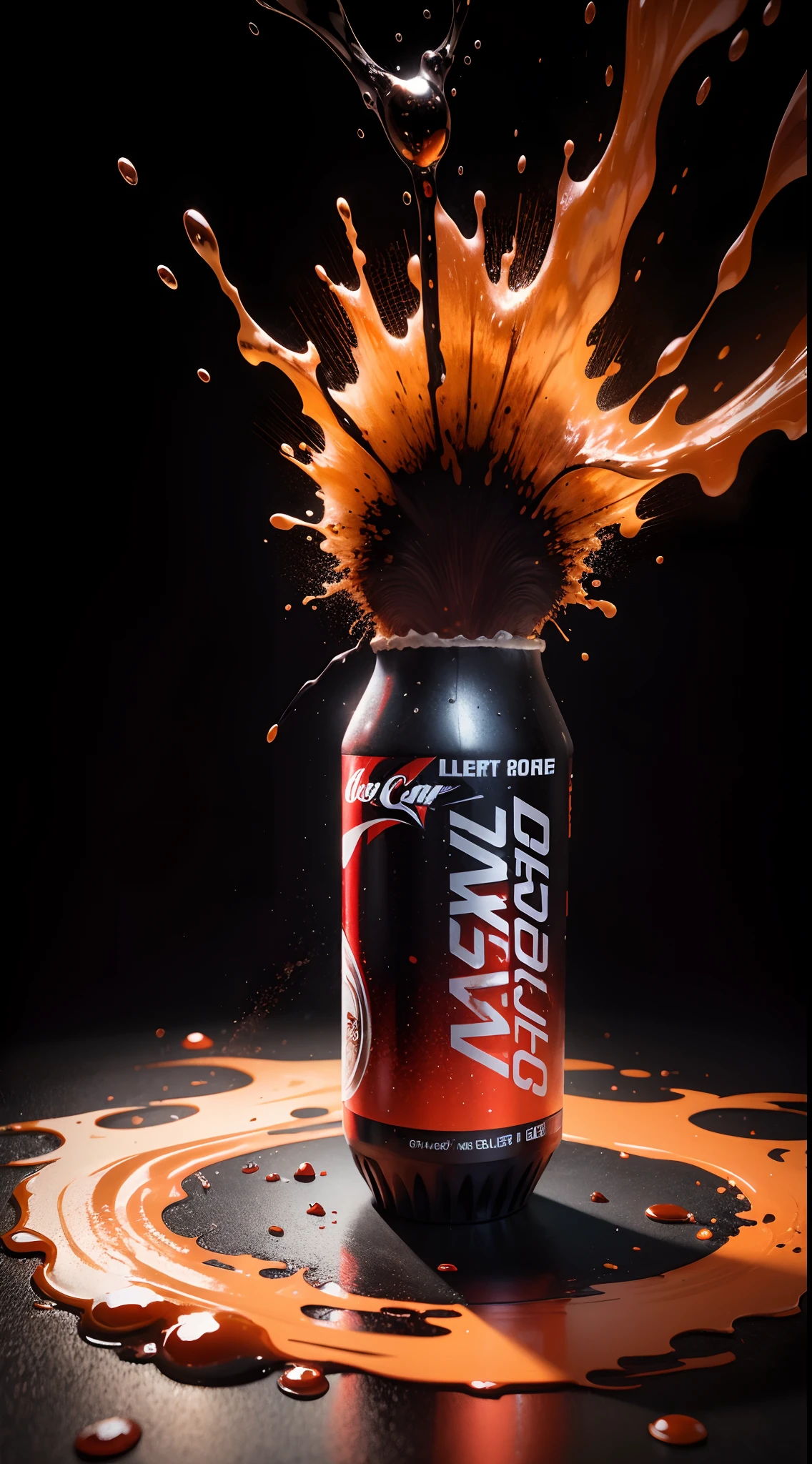 Powerful liquid explosion, cola, black background, commercial photography, bright environment, studio lighting, OC rendering, super details, solid color isolation platform, professional photography, color grading