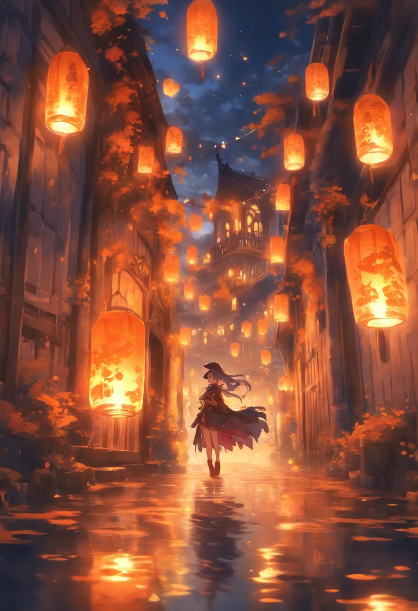 Halloween Floating Lights, Cinematic light and reflection, glowing lights, Intermediate metaverse elements,Digital Painting, Glowing reflections, pondering, Halloween Floating Lantern, calm night, Digital Illustration, Beautiful atmosphere, Skylight at night, Calm evening atmosphere, Floating Lantern, Halloween, the night, themoon, The game scene, Halloween, Surrounded by clouds, Medieval European buildings, glazed tiles, Europe, gorgeous colors, There are three arches in the foreground((color ink)), ( (Splash ink ) ), ((Splash ink) inky})), tmasterpiece, high quarity, Beautiful graphics, high detal