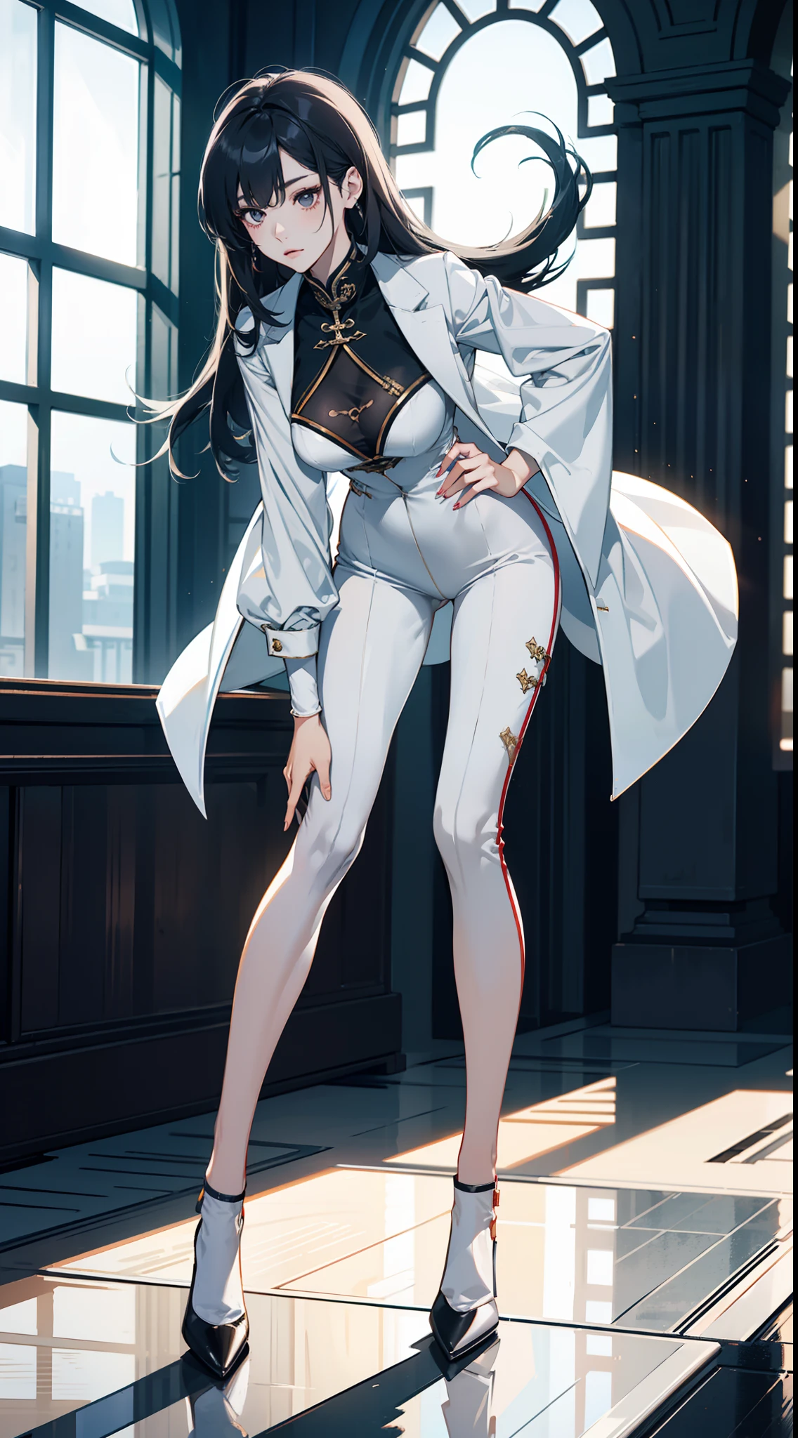 1 girl, game CG, , I can see the cleavage, Lady,Ladyの服 靴,high heels, huge breasts, black hair, long hair, black eyes,race,stockings,high heels,race,bangs,Standing picture