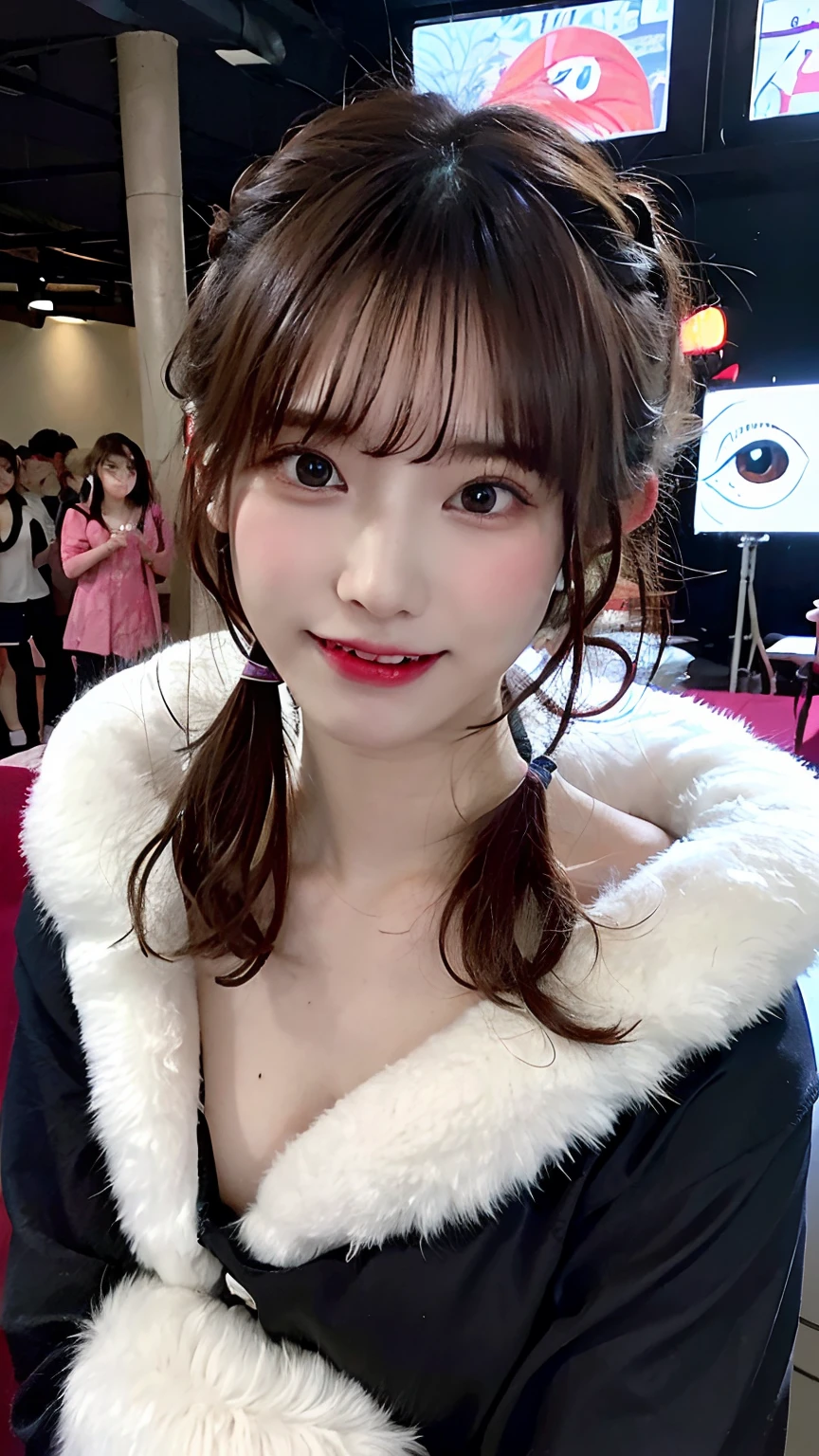 (masterpiece:1.3), (8K, Photorealsitic, Raw photography, Top image quality: 1.4), Japan high school girls、(Random hairstyles:1.2)、(small tits:1.3)、Super Detail Face、Eye of Detail、二重まぶた、foco nítido:1.2、prety woman:1.4、light brown hair、Yokai Maki、top-quality、masterpiece、超A high resolution、(Photorealsitic:1.4)、very detailed and professional lighting、slender、(Big hilarity:1.8)、(eye line:1.5)、(Looking at the camera)、Wearing AKB48 costumes、Standing on the concert stage、Concert realism、
