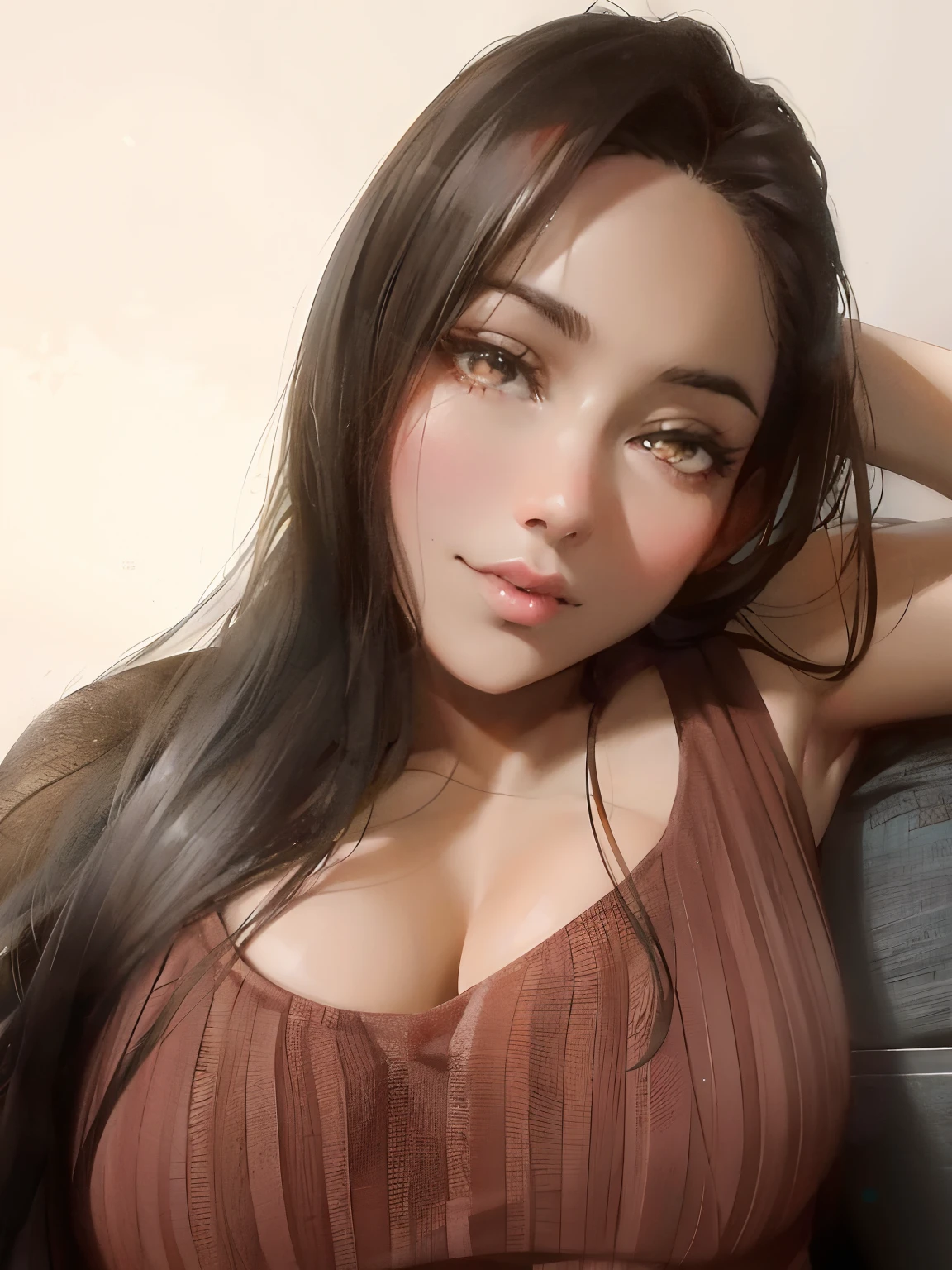 Amazing portrait of a sexy woman with a beautiful face and perfect hair wearing amazing makeup and seductively gazing and blushing intensely being ready to kiss wearing a long oversized sweater as she's sitting comfortably on couch near a window with natural light beaming through window showcasing her beautiful face as she's seductively gazing at us very seductively