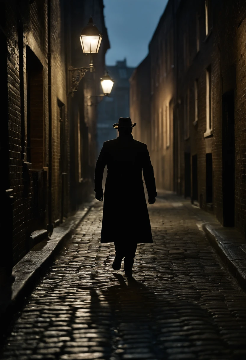 se muestra a Jack el Destripador Atacando a Prostituta, esta grita de dolor, la esta Persiguiendo, Escapar, dark alley in Whitechapel, Londres, Plano medio, hyper-realistic, Foto realism, cinematography, --ar9:16, Detalles faciales: Alto