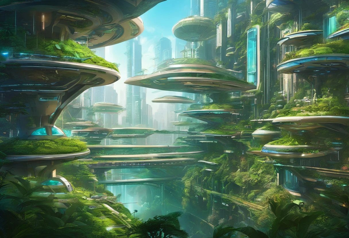 An intricate digital painting depicting a futuristic city nestled in a lush, bio-engineered forest. The city seamlessly integrates with nature, featuring vertical gardens, cascading waterfalls, and floating walkways, creating a harmonious coexistence between technology and the environment.