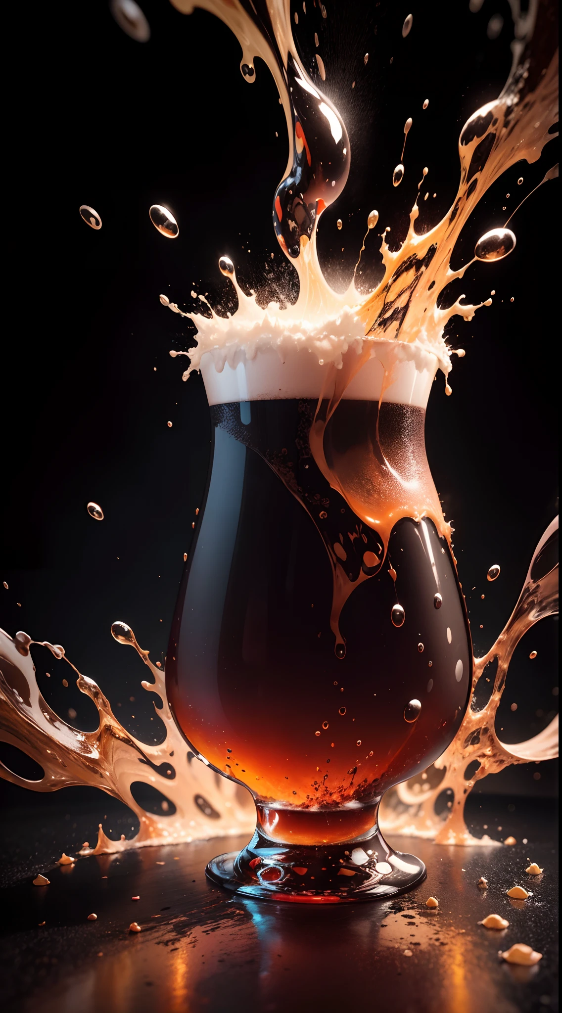 Powerful liquid explosion, cola, black background, commercial photography, bright environment, studio lighting, OC rendering, super details, solid color isolation platform, professional photography, color grading