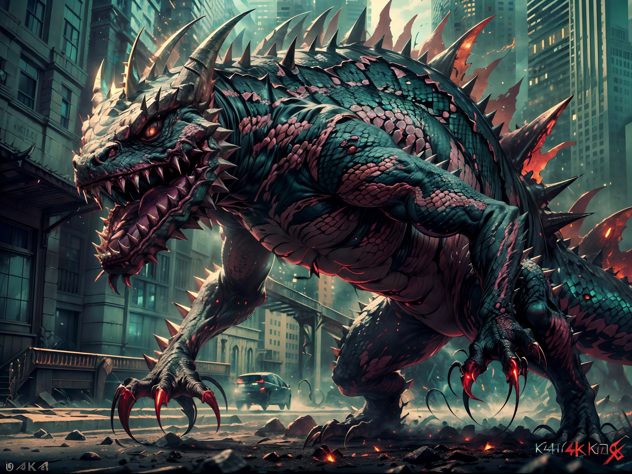 (best quality,4k,8k,highres,masterpiece:1.2),ultra-detailed,(realistic,photorealistic,photo-realistic:1.37),scary monster, colossial shape, lizard-like monster, dark scale covering the whole body, big spike running through the body, two tails with spikes at the end, sharp claws and fangs, 4 eyes, destroying a city