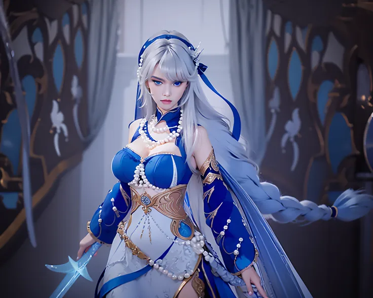 white long hair, pearl necklace, wearing blue navy dress elegant, big breasts, hold blue aqua sword, glare expression, staring i...