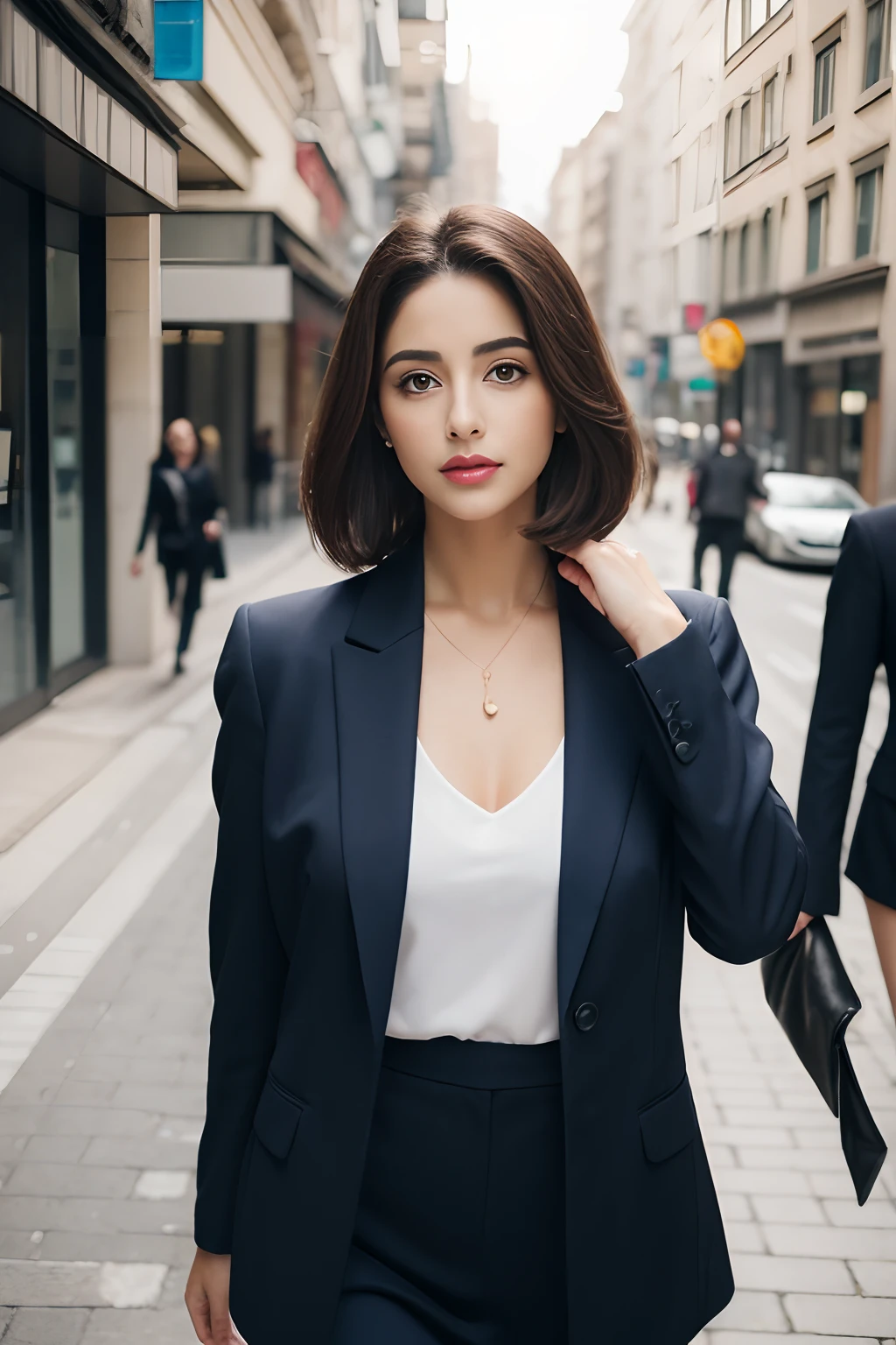 ((realistic lighting, best quality, 8k, master part: 1.3)), Clear focus: 1.2, 2Menina, figura perfeita: 1.4, ((cabelo medio castanho)), white blazer and white pants and a white sneaker: 1.4), , Cara super fina, Olhos Finos, double eyelids, Woman is posing as a businesswoman while walking down the street,  inspired by Gina Pellón, instagram, Tachisme, Violeta Myers, Lorena Avarez, olivia culpo, Alanis Guillen, Parece Laura Barriales,  Sofia Mudd, curtido ameera al taweel, mulher iraniana bonita, imagem de corpo inteiro
