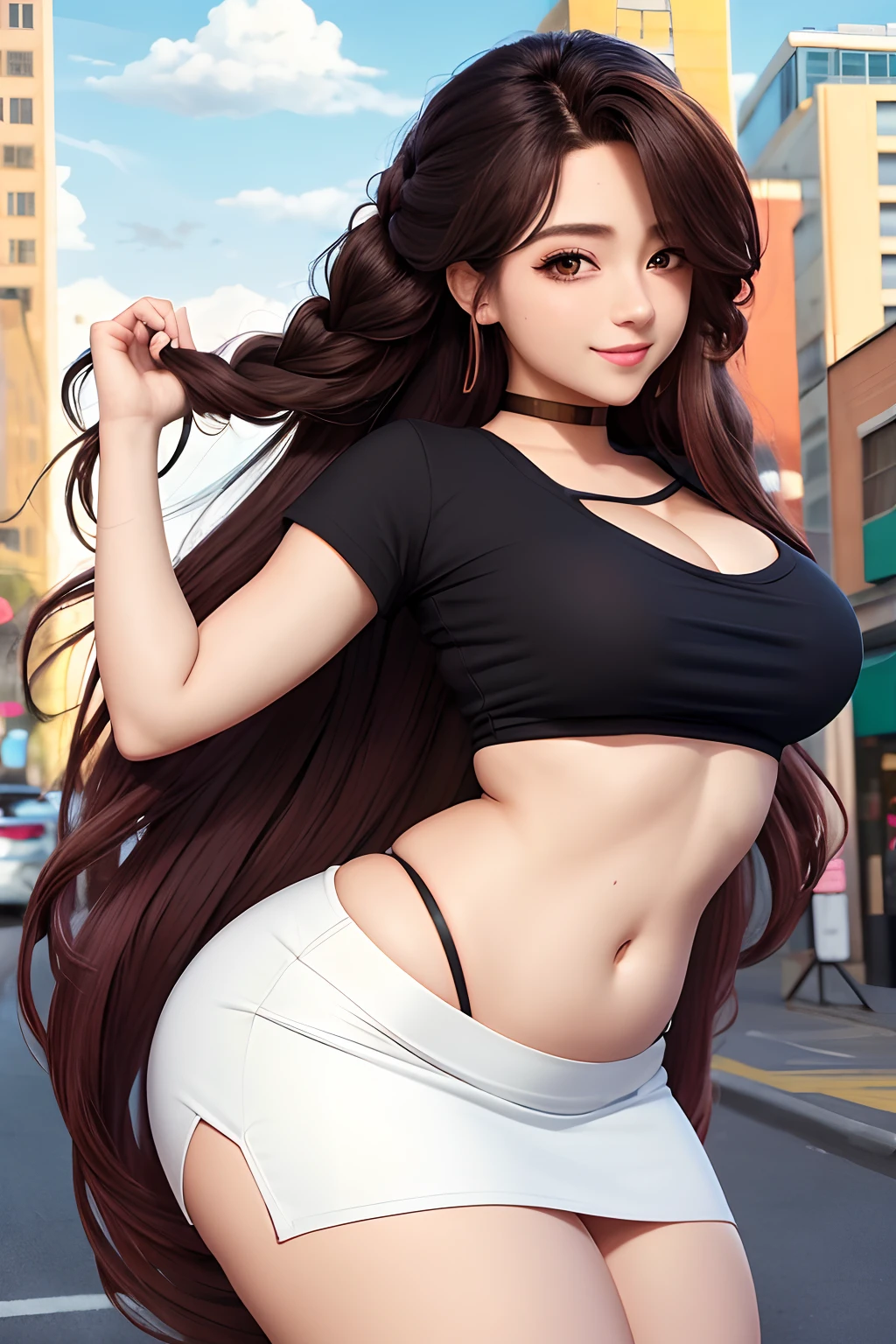 anime, girl, mischievous smile, long hair, dark hair color, stylish hairstyle, side hair long lush hair, long curls of hair pulled to the sides, Braids within the hair, curvy body, sexy girl, beautiful girl, lovable character, crop top, short skirt, clarity, detailed, detailed face, very detailed drawing, smile, flirty look, city background, saturated background, perfect composition, soft natural volumetric cinematic perfect light, masterpiece