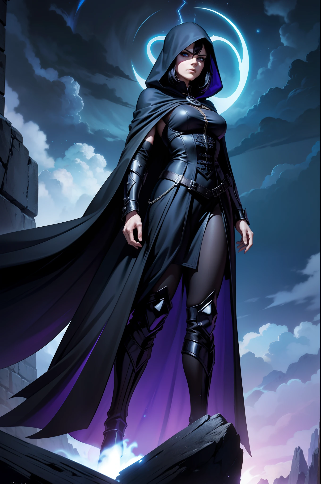 An adult mage character wearing a hooded robe and gothic armor with black details accompanied by an adult mage character wearing a robe, capuz. Tax Posture, face with serious expression, cabelo na cor preta liso preso, hair in black color a remarkable beauty, Magnificent, cor azul dos olhos, Purple sky with magnificent clouds, arms crossed in imposing pose and on top of a tall rock, cabelo curto cidade, portal, Magnificent, 8k,