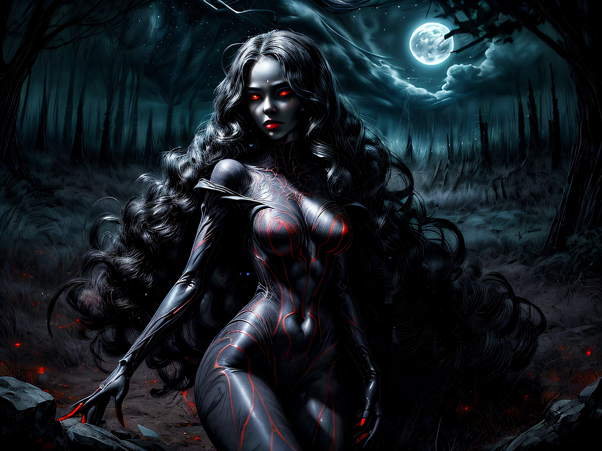 a picture of an sexy beautiful female human spider (animorph:1.5) standing under the starry night sky at the dark forest, full body(ultra detailed, Masterpiece, best quality), ultra detailed face (ultra detailed, Masterpiece, best quality: 1.3), ultra feminine, black skin, blond hair hair, wavy hair, dynamic eyes color, yellow glowing eyes, intense eyes, red lips, wearing dynamic dress, dark elegant style dress (ultra detailed, Masterpiece, best quality), yellow  and red spider lower body (ultra detailed, Masterpiece, best quality), red veins, spider abdomen and spider legs, sky full of stars background, moon, best details, best quality, 16K, [ultra detailed], masterpiece, best quality, (ultra detailed), full body, ultra wide shot, photorealism, dark fantasy art, gothic art