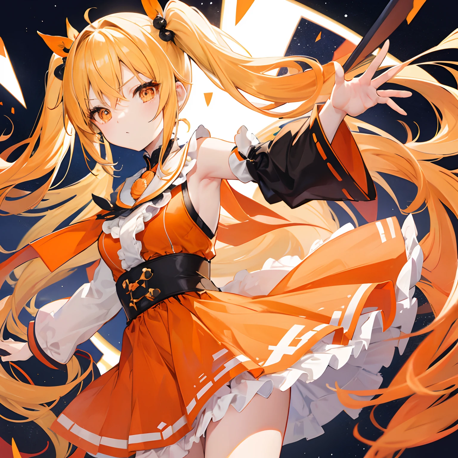 anime girl,long blonde hair styled into twin tails,orange eyes,wearing orange j-pop idol dress