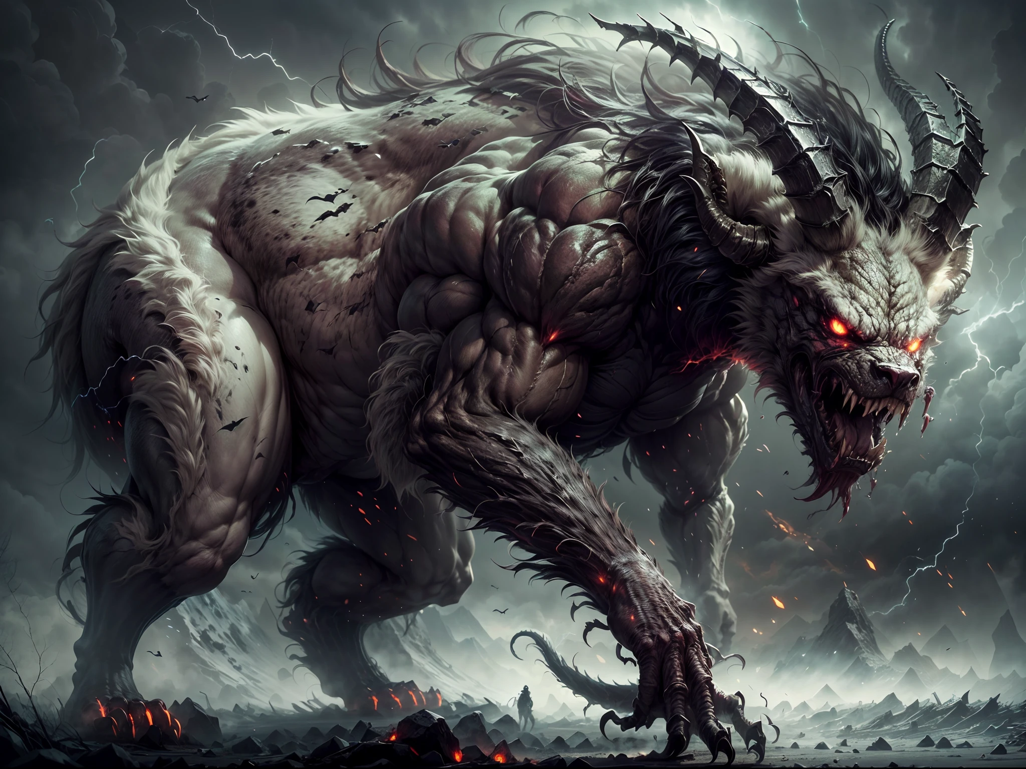 (description:creepy,scary), (best quality,highres), (fantasy:1.1), (detailed), (colossal), (beast-like), (white fur), (two tails), (two big horns), (standing on four legs), (sinister eyes), (muscular), (ominous presence), (sharp claws), (dark atmosphere), (menacing), (powerful), (creature), (unearthly), (ominous), (mythical), (legendary), (intimidating), (enormous), (majestic), (dominant), (frightening), (sinewy), (ferocious), (eerie), (fierce), (terrifying), (otherworldly), (monstrous), (formidable), (imposing), (ominous growl), (intestinal breath), (mysterious), (gargantuan).