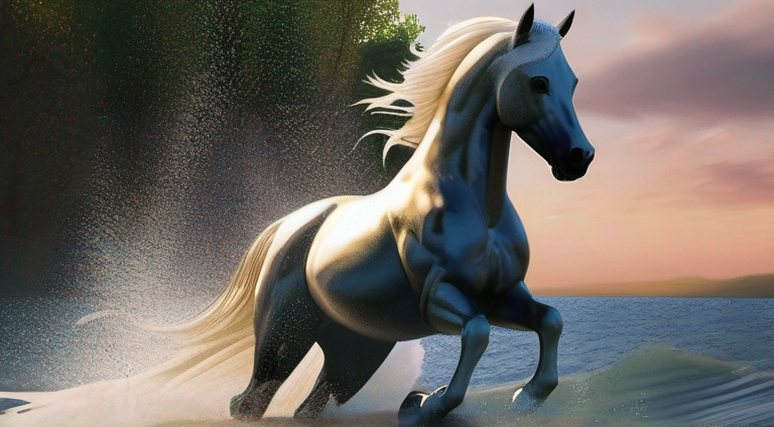 melhor qualidade,4k,Altas,master part:1.2,ultra-detalhado,Realistic, Kelpie, mistura de um cavalo e peixe, Horse in front, fishtail in the back, Escalas cintilantes,emerging from the water,Kelpie,mythological creature,luz reluzente,Realistic water texture,wet and sparkling appearance,reflexos ondulantes,Mythical aura,underwater setting,majestic presence,ambiente natural,atmosfera serena,Presence of the mystical creature,etherial lighting,movimento gracioso,poderes sobrenaturais,ambiente calmo e tranquilo,fantastic creature,beleza hipnotizante,Olhar poderoso e cativante,detalhes finos,mythology of the mythical creature,forma de corpo esbelta e elegante,Elementos inspirados na natureza,Tons sutis,texturas detalhadas,Being mythical,no fundo das ondas,corpo inferior submerso,Mythical horse-like features,cascading water,dynamic and energetic pose