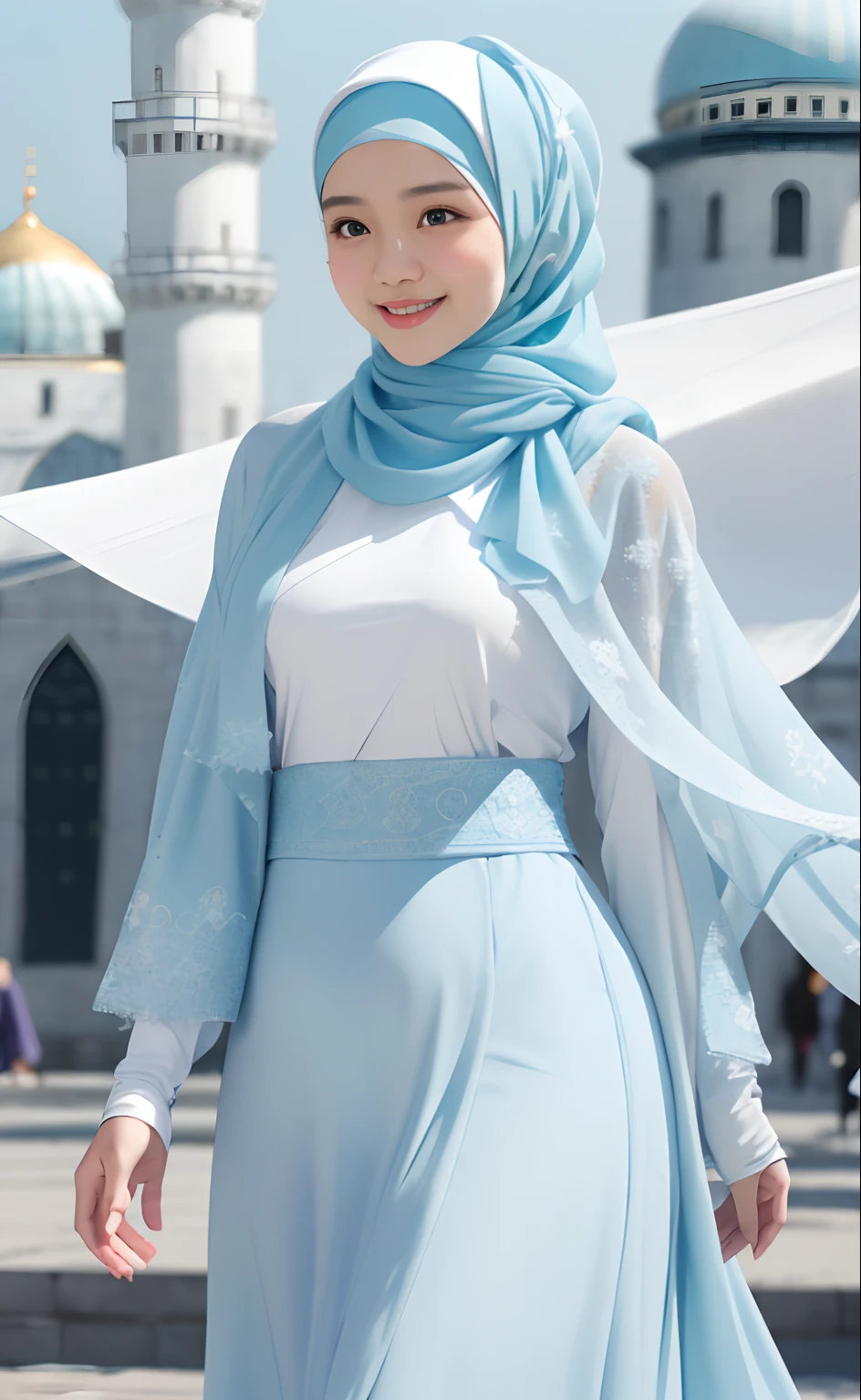 Best quality, 4K picture quality, 1 malay girl in hijab, light blue Hanfu, snow, long hijab fluttering in the wind, healing smile, large aperture, blurred background, blue mosque in background, morning lighting
