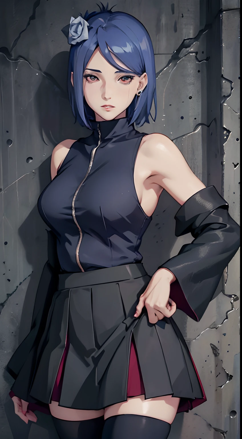 one-girl，（Off-the-shoulder attire:1.5)，Large breasts，（best qualtiy），（tmasterpiece） Xiaonan\（Naruto\），（AKATSUKI OUTFIT：1.1），La Brett piercing，dardark blue hair , short skirt, cleavage