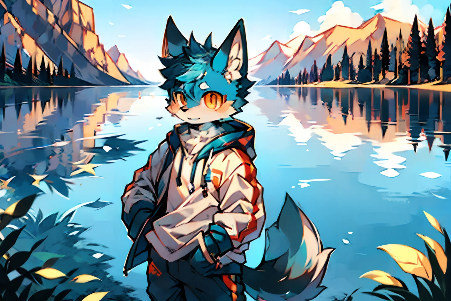 Orange pupils,Standing by the lake,People account for a little bigger,furry,blue hairs,White hoodie,Handsome