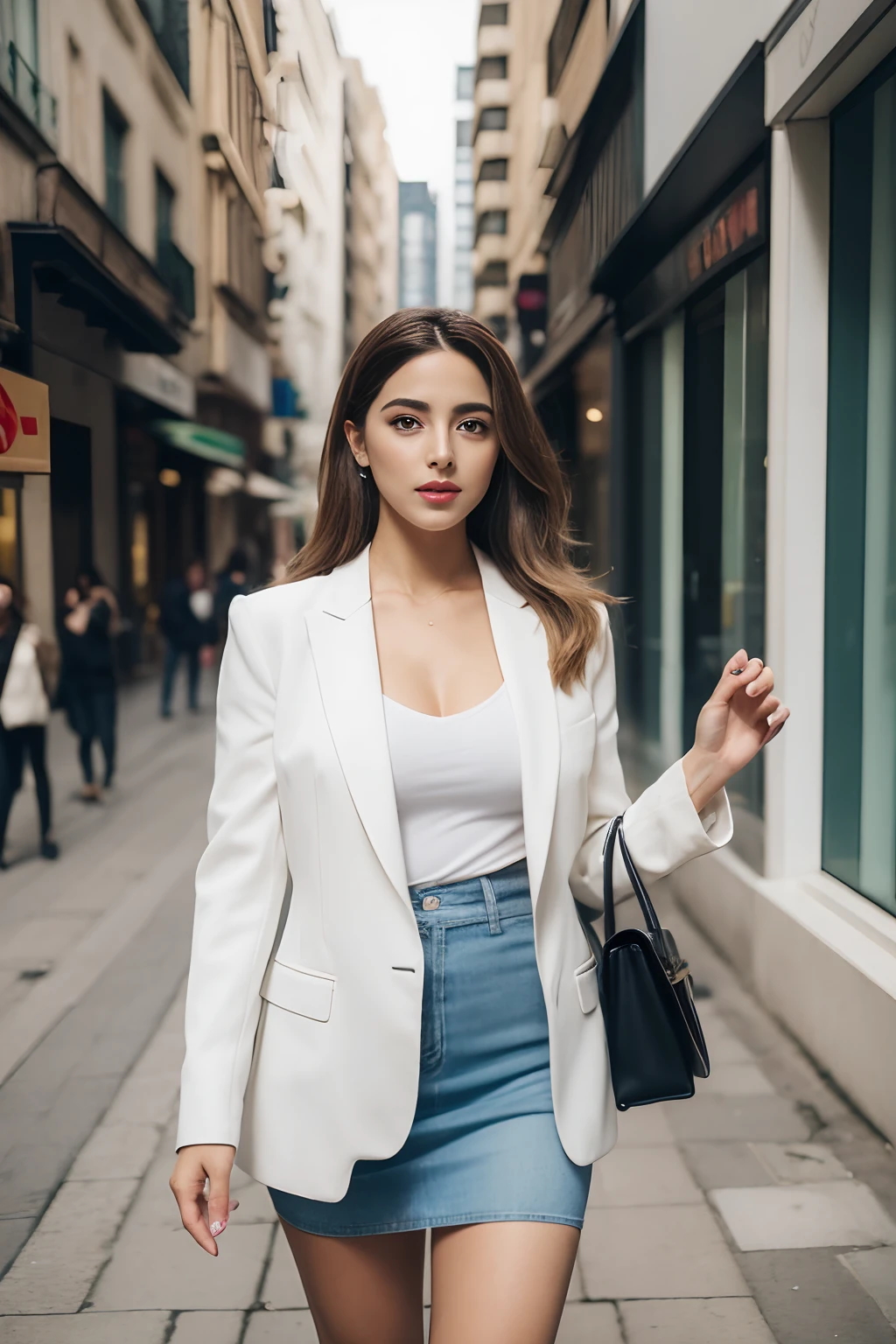 ((realistic lighting, best quality, 8k, master part: 1.3)), Clear focus: 1.2, 2Menina, figura perfeita: 1.4, ((cabelo medio castanho)), white blazer and white pants and a white sneaker: 1.4), , Cara super fina, Olhos Finos, double eyelids, Woman is posing as a businesswoman while walking down the street,  inspired by Gina Pellón, instagram, Tachisme, Violeta Myers, Lorena Avarez, olivia culpo, Alanis Guillen, Parece Laura Barriales,  Sofia Mudd, curtido ameera al taweel, mulher iraniana bonita, imagem de corpo inteiro