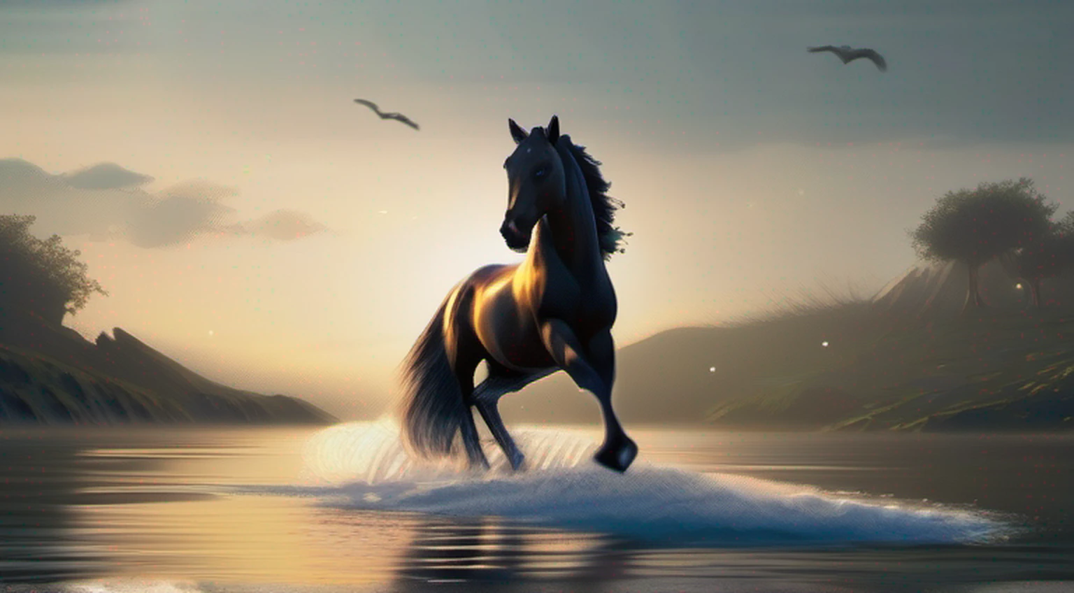 melhor qualidade,4k,Altas,master part:1.2,ultra-detalhado,Realistic, Kelpie, mistura de um cavalo e peixe, Horse in front, fishtail in the back, Escalas cintilantes,emerging from the water,Kelpie,mythological creature,luz reluzente,Realistic water texture,wet and sparkling appearance,reflexos ondulantes,Mythical aura,underwater setting,majestic presence,ambiente natural,atmosfera serena,Presence of the mystical creature,etherial lighting,movimento gracioso,poderes sobrenaturais,ambiente calmo e tranquilo,fantastic creature,beleza hipnotizante,Olhar poderoso e cativante,detalhes finos,mythology of the mythical creature,forma de corpo esbelta e elegante,Elementos inspirados na natureza,Tons sutis,texturas detalhadas,Being mythical,no fundo das ondas,corpo inferior submerso,Mythical horse-like features,cascading water,dynamic and energetic pose