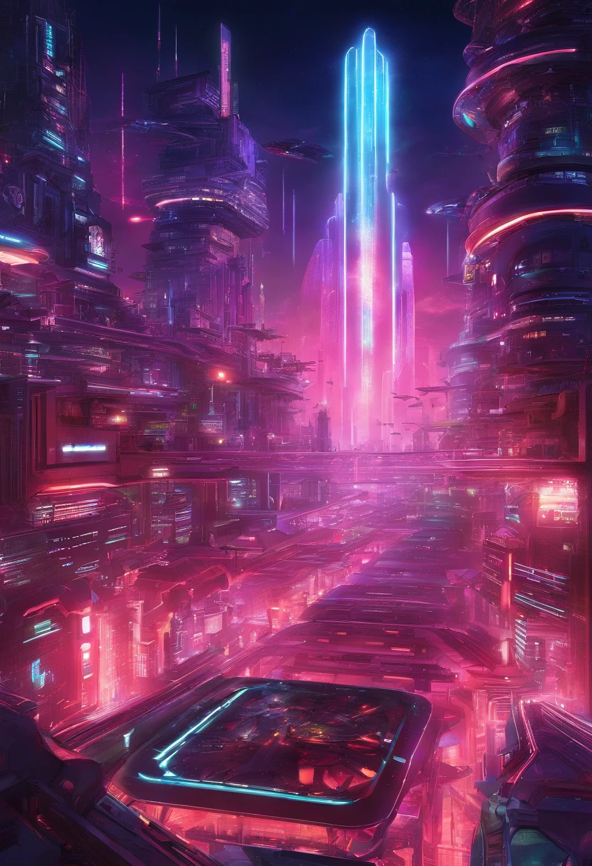 A neon-lit cityscape at night, showcasing a futuristic metropolis bustling with activity. The buildings are adorned with dazzling LED displays, futuristic transportation systems glide above, and AI-controlled drones zip through the sky.