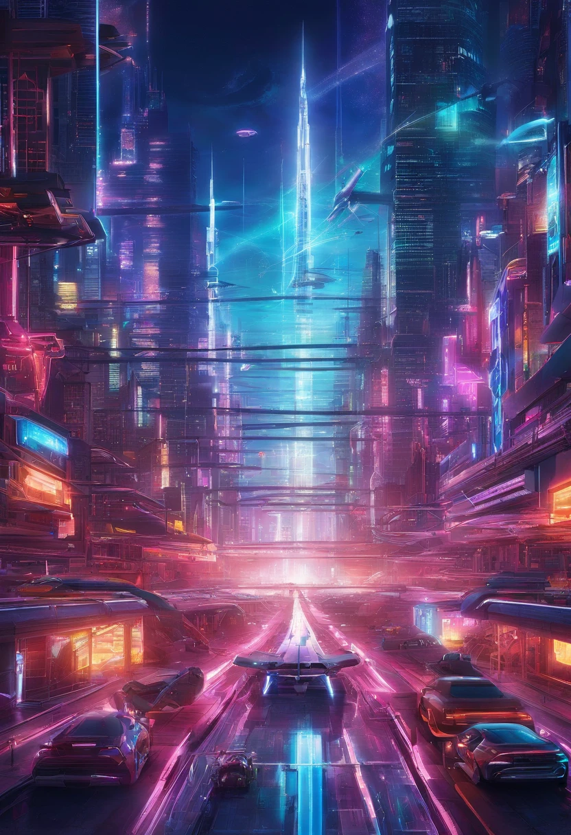 A neon-lit cityscape at night, showcasing a futuristic metropolis bustling with activity. The buildings are adorned with dazzling LED displays, futuristic transportation systems glide above, and AI-controlled drones zip through the sky.