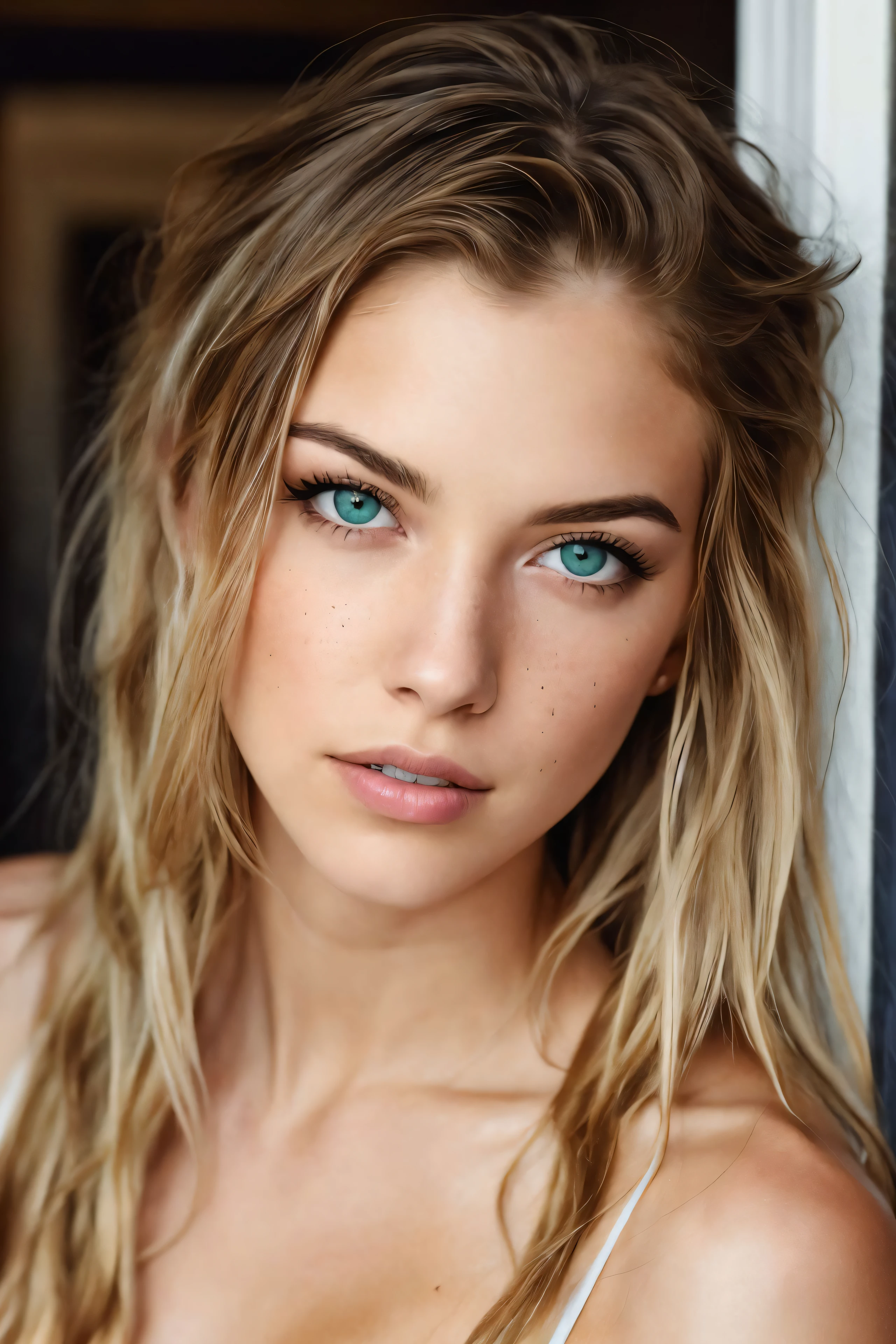 (close-up editorial photo of 20 yo woman, ginger hair slim American sweetheart), (freckles:0.8), (lips parted), realistic green eyes, POV, realistic[:, (film grain, 25mm, f/1.2, dof, bokeh, beautiful symmetrical face, perfect sparkling eyes, well defined pupils, high contrast eyes, ultra detailed skin, skin pores, vellus hair, fabric stitching, fabric texture, wood grain, stone texture, finely detailed features:1):0.9]