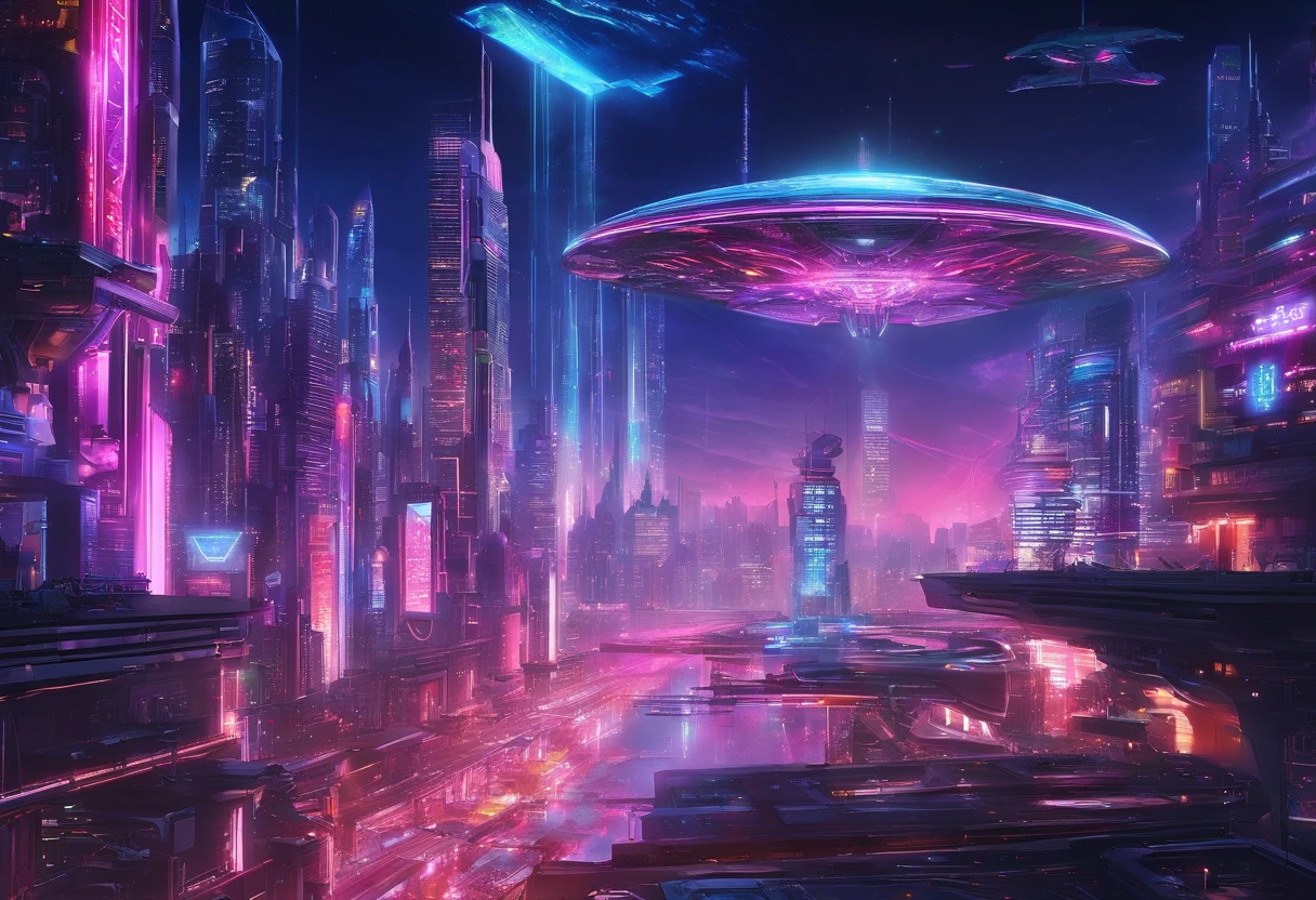 A neon-lit cityscape at night, showcasing a futuristic metropolis bustling with activity. The buildings are adorned with dazzling LED displays, futuristic transportation systems glide above, and AI-controlled drones zip through the sky.