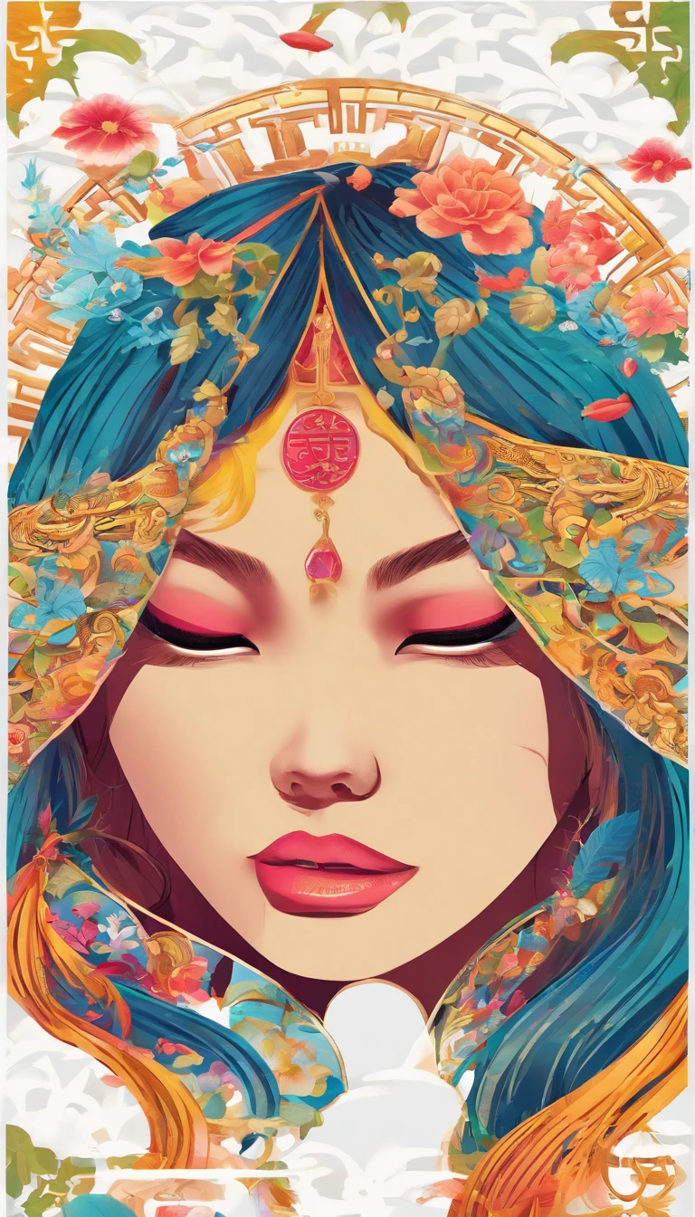 (White background:1.4),(Silhouette of a girl's head, Eyes closed, colorfull long hair, Oriental elements)，(Chinese illustration:1.3，paper art:1.3, Quilted paper art:1.2),( reasonable design, Clear lines, High sharpness,Best quality, Very detailed, Masterpiece, movie light effect, 4K ) ,Brown eyes
