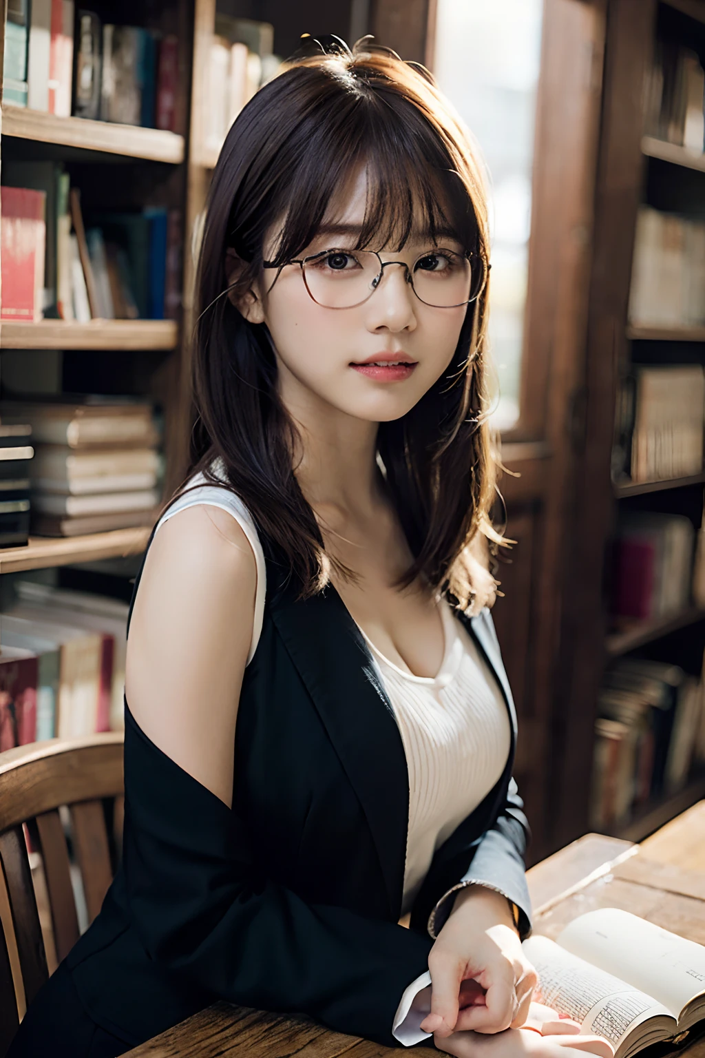 (8K、Raw photography、top-quality、​masterpiece:1.2)、(realisitic、Photorealsitic:1.37)、ultra-detailliert、超A high resolution、女の子 1 人、13years、see the beholder、beautifull detailed face、A smile with a little visible teeth、Constriction、(Slim waist) :1.3)、Blazer、Beautiful detailed skin、Skin Texture、Floating hair、Hair bunched into one、large breasts with good shape、Professional Lighting、Autumn twilight、book library、(((Black square glasses )))、Whole human body、Black hair、((Shameful appearance))、Accept books、