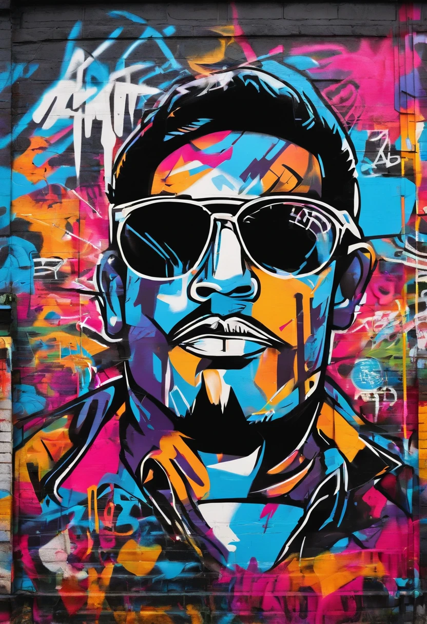 Prompt: grafity, Face of man with black glasses, de jaqueta azul, imagem completa, High resolution high contrast