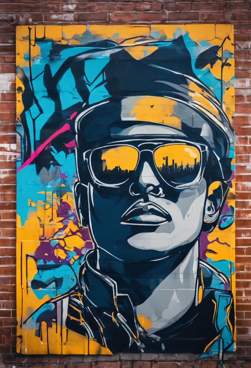 Prompt: grafity, Face of man with black glasses, de jaqueta azul, imagem completa, High resolution high contrast