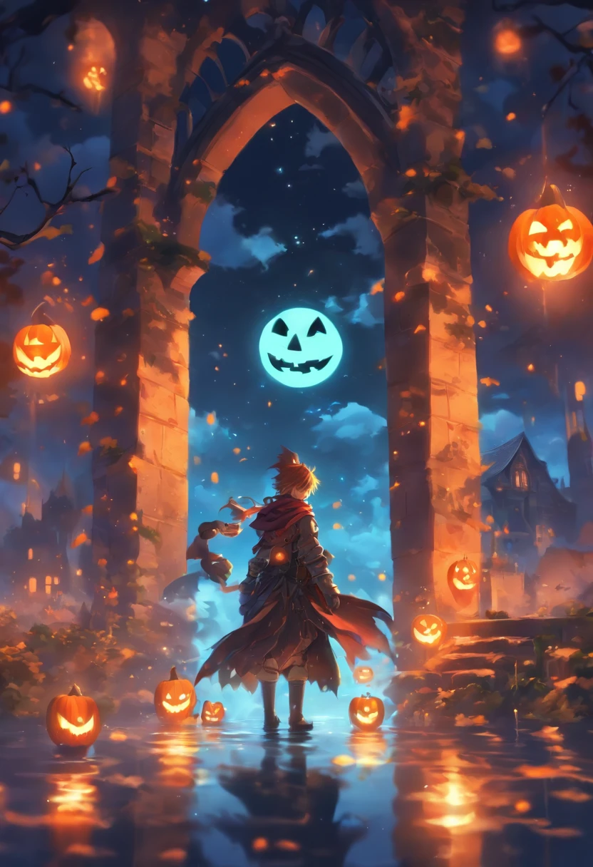 Halloween Floating Lights, Cinematic light and reflection, glowing lights, Intermediate metaverse elements,Digital Painting, Glowing reflections, pondering, Halloween Jack-o'-lantern, calm night, Digital Illustration, Beautiful atmosphere, Skylight at night, Calm evening atmosphere, Jack-o'-lantern, Halloween, the night, themoon, The game scene, Halloween, Surrounded by clouds, Buildings in medieval Europe, glazed tiles, ue, gorgeous colors, There are three arches in the foreground((color ink)), ( (Splash ink ) ), ((Splash ink) inky})), tmasterpiece, high quarity, Beautiful graphics, high detal