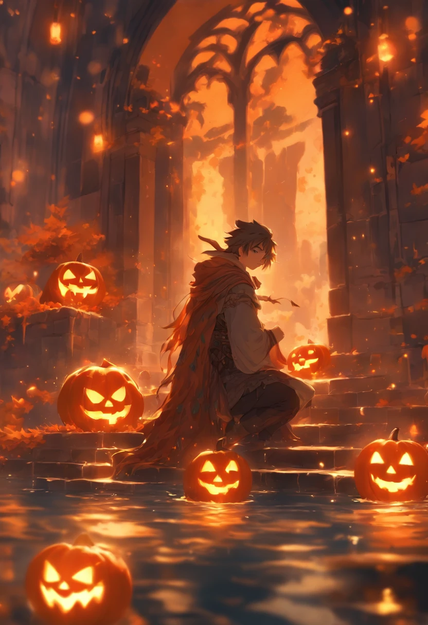 Halloween Floating Lights, Cinematic light and reflection, glowing lights, Intermediate metaverse elements,Digital Painting, Glowing reflections, pondering, Halloween Jack-o'-lantern, calm night, Digital Illustration, Beautiful atmosphere, Skylight at night, Calm evening atmosphere, Jack-o'-lantern, Halloween, the night, themoon, The game scene, Halloween, Surrounded by clouds, Buildings in medieval Europe, glazed tiles, ue, gorgeous colors, There are three arches in the foreground((color ink)), ( (Splash ink ) ), ((Splash ink) inky})), tmasterpiece, high quarity, Beautiful graphics, high detal