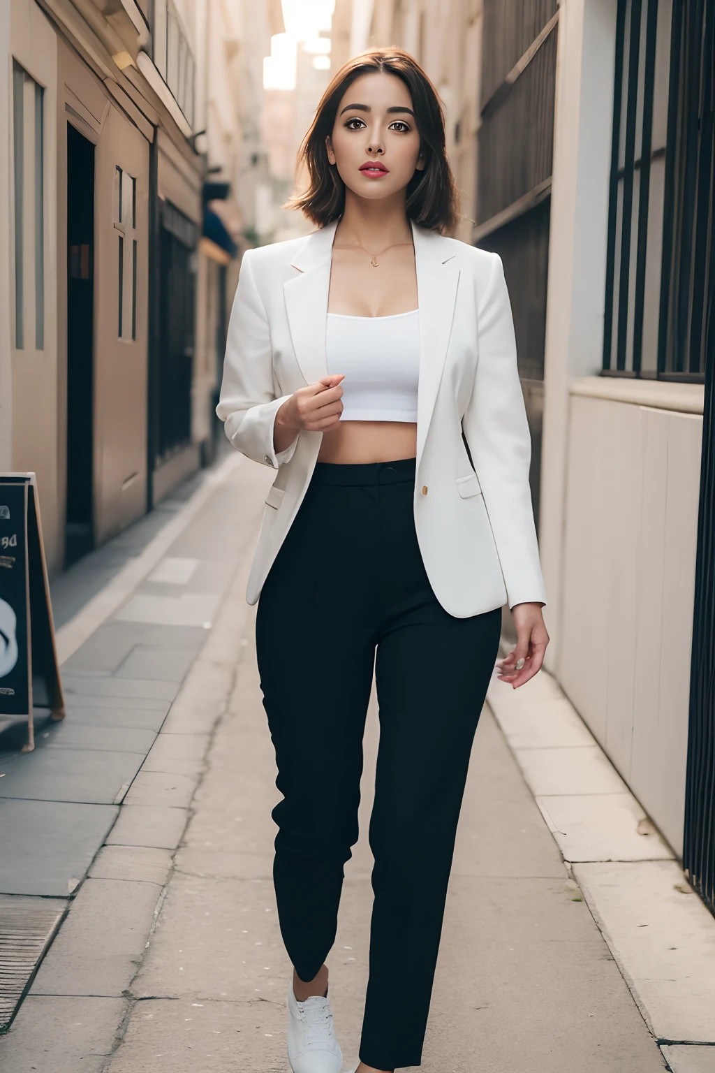 ((realistic lighting, best quality, 8k, master part: 1.3)), Clear focus: 1.2, 2Menina, figura perfeita: 1.4, ((cabelo medio castanho)), white blazer and white pants and a white sneaker: 1.4), Olhos Finos, double eyelids, Woman is posing as a businesswoman as she walks down the street, inspired by Gina Pellón, instagram, Tachisme, Violeta Myers, Lorena Avarez, olivia culpo, Alanis Guillen, Parece Laura Barriales, Sofia Mudd, curtido ameera al taweel |, mulher mexicana bonita, imagem de corpo inteiro