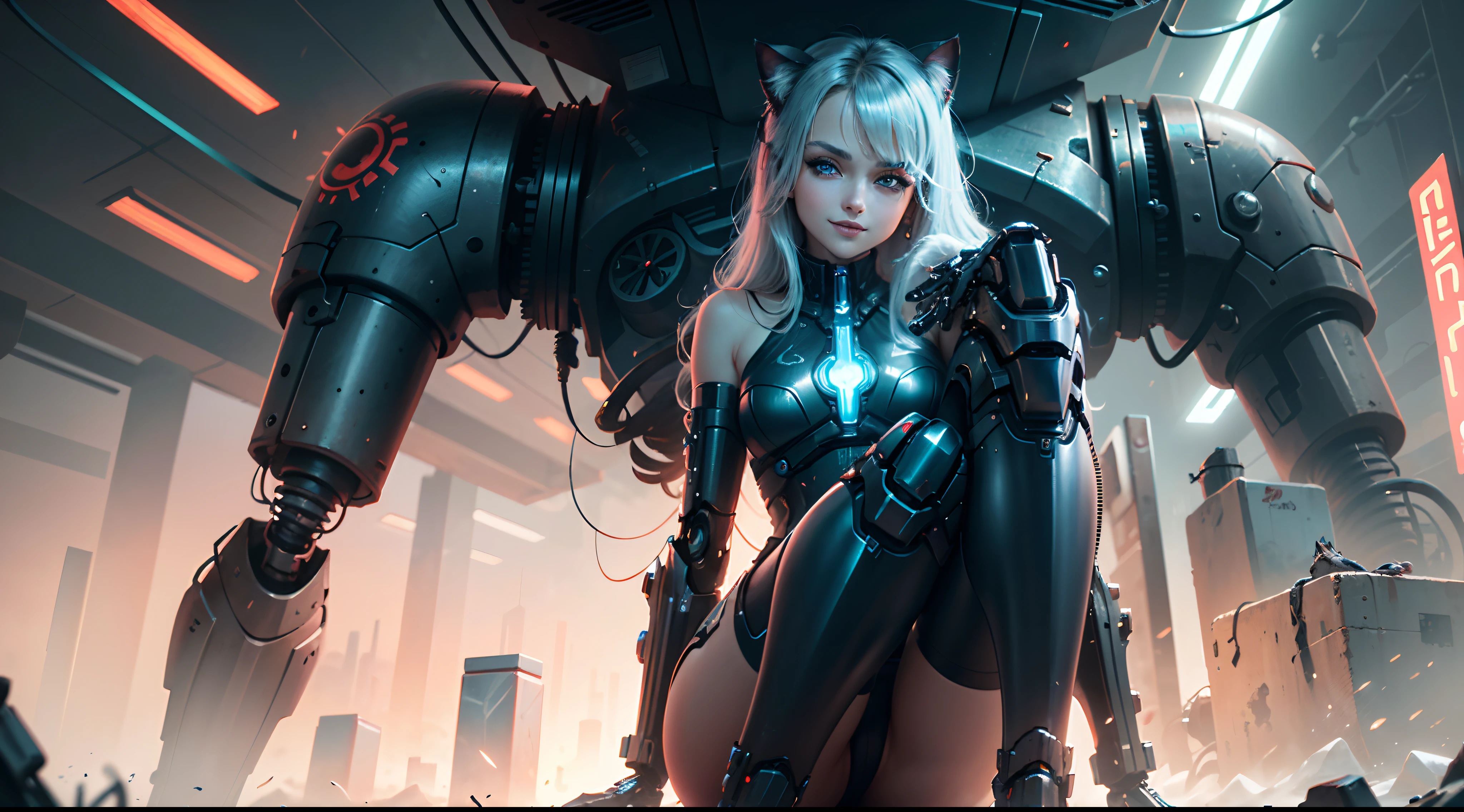 (((Mechanical))), Cyberpunk, cat girl, futuristic, mechanical arms and legs, grinning, extremely detailed eyes, blue eyes